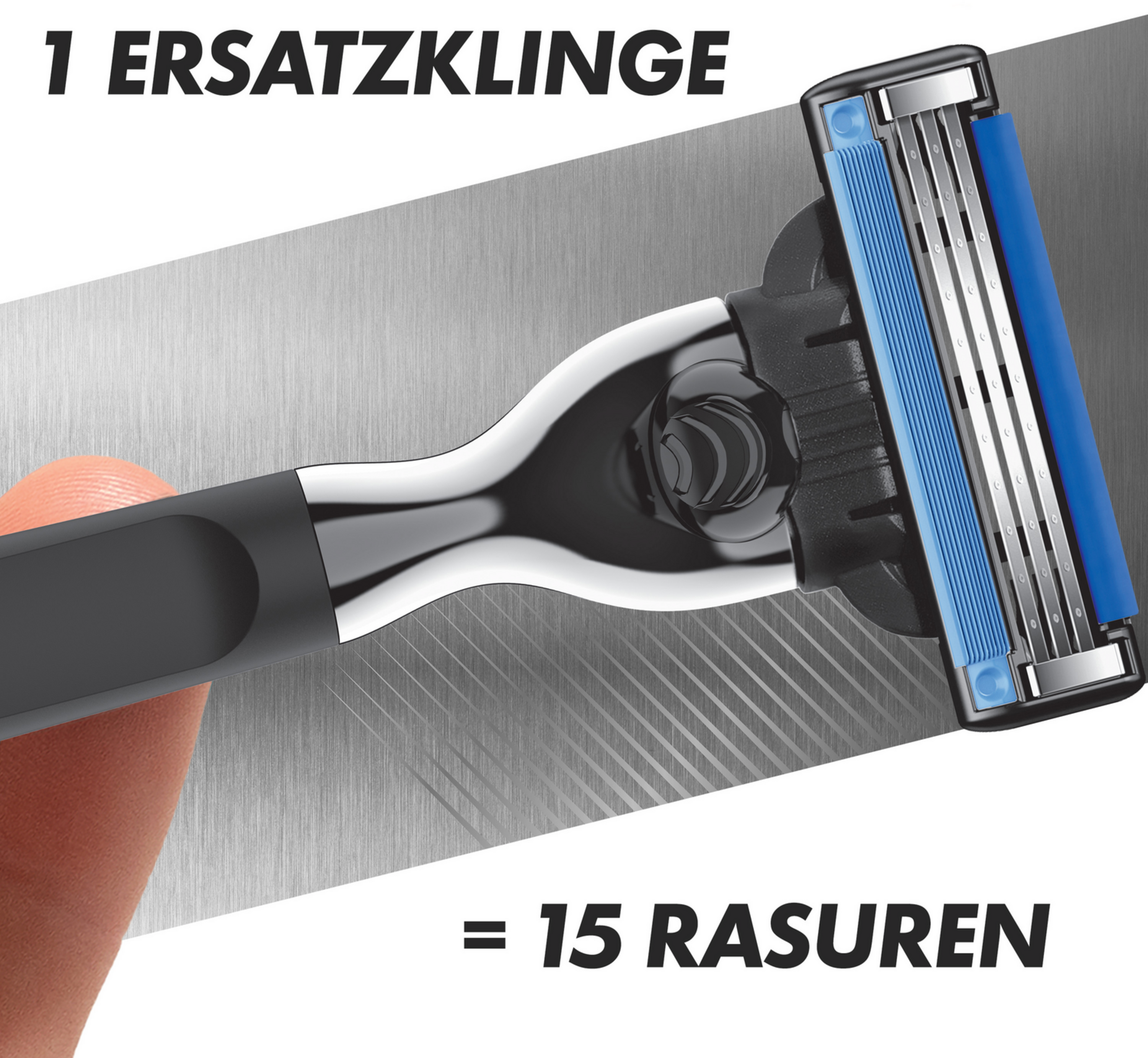 Rasierer mit blauen Klingen, gehalten von einem Finger. Text: '1 Ersatzklinge' und '= 15 Rasuren'.
