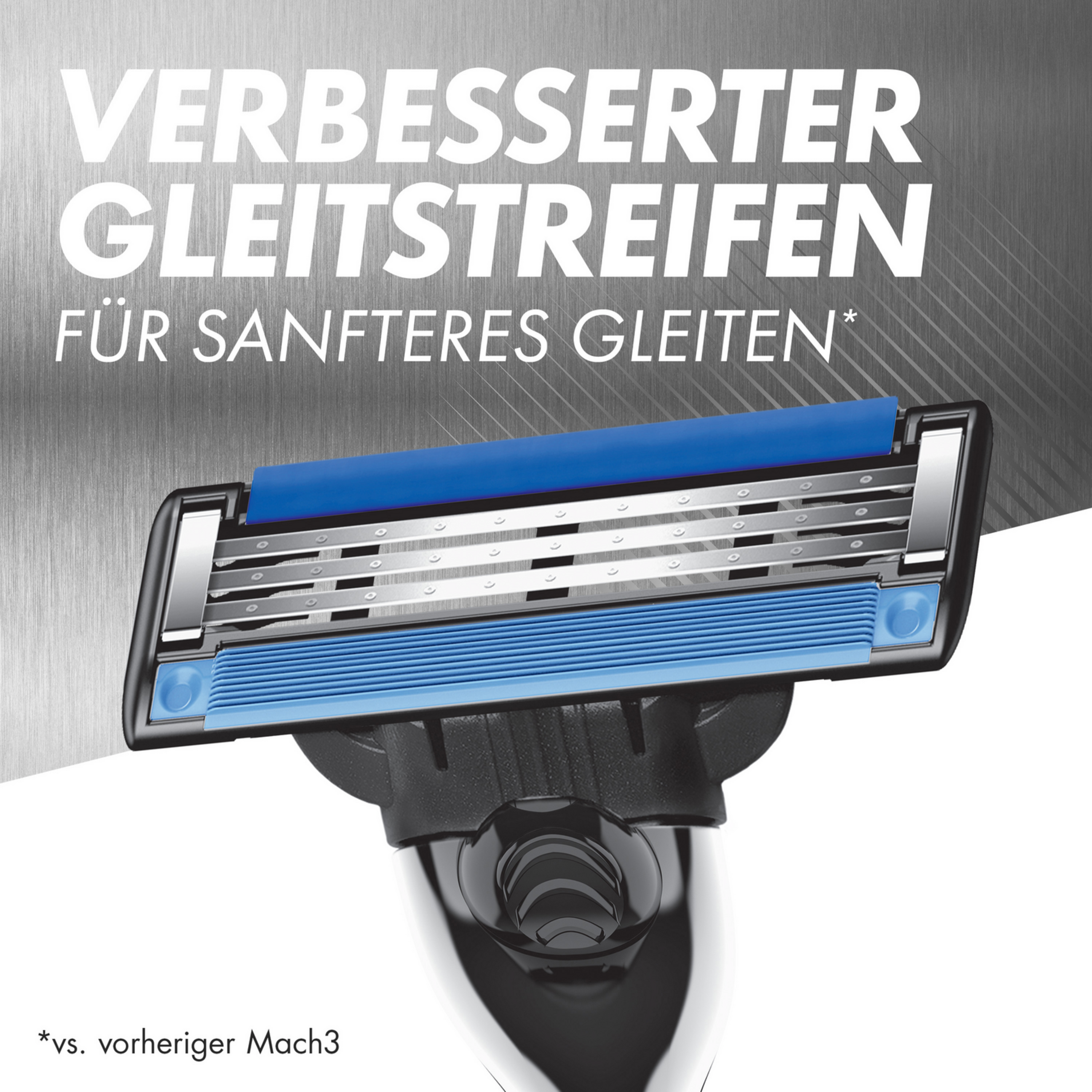 Rasierkopf mit blauem Streifen, Text: 'Verbesserter Gleitstreifen für sanfteres Gleiten'. Hintergrund: metallische Textur.