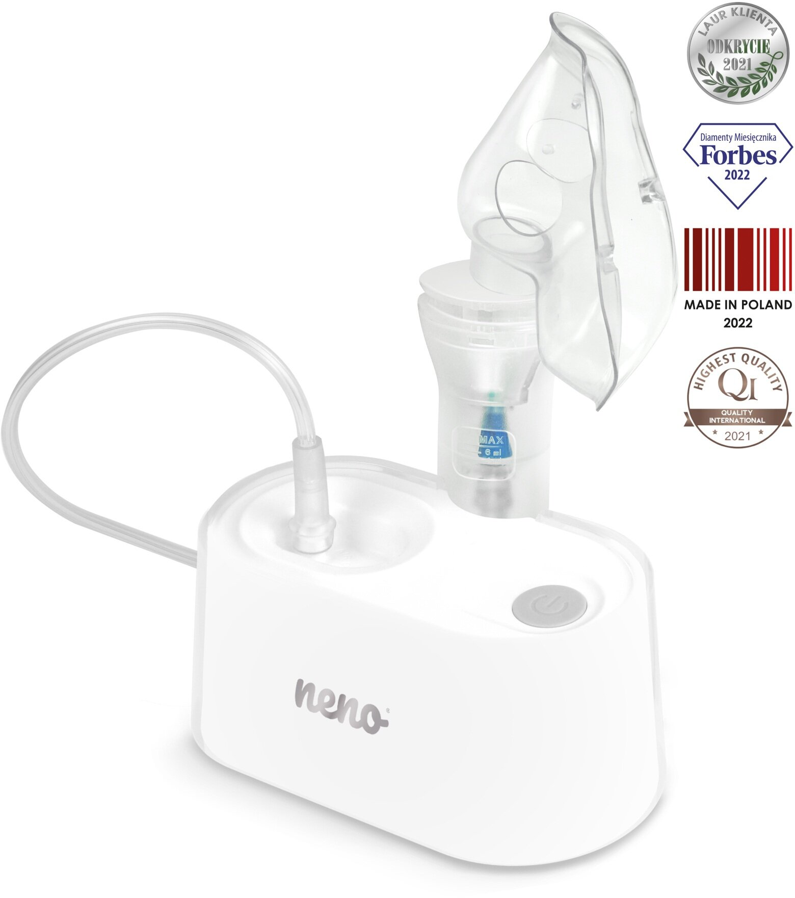 Biały nebulizator Neno. Ma maskę, rurkę i przycisk zasilania. Jest biały z niebieskimi i przezroczystymi elementami.