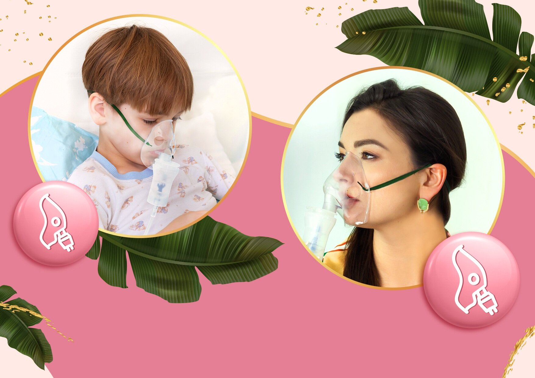 Dziecko i kobieta noszą maski tlenowe. Obraz jest zaprojektowany w kolorach różowym, złotym i zielonym, z motywem medycznym.