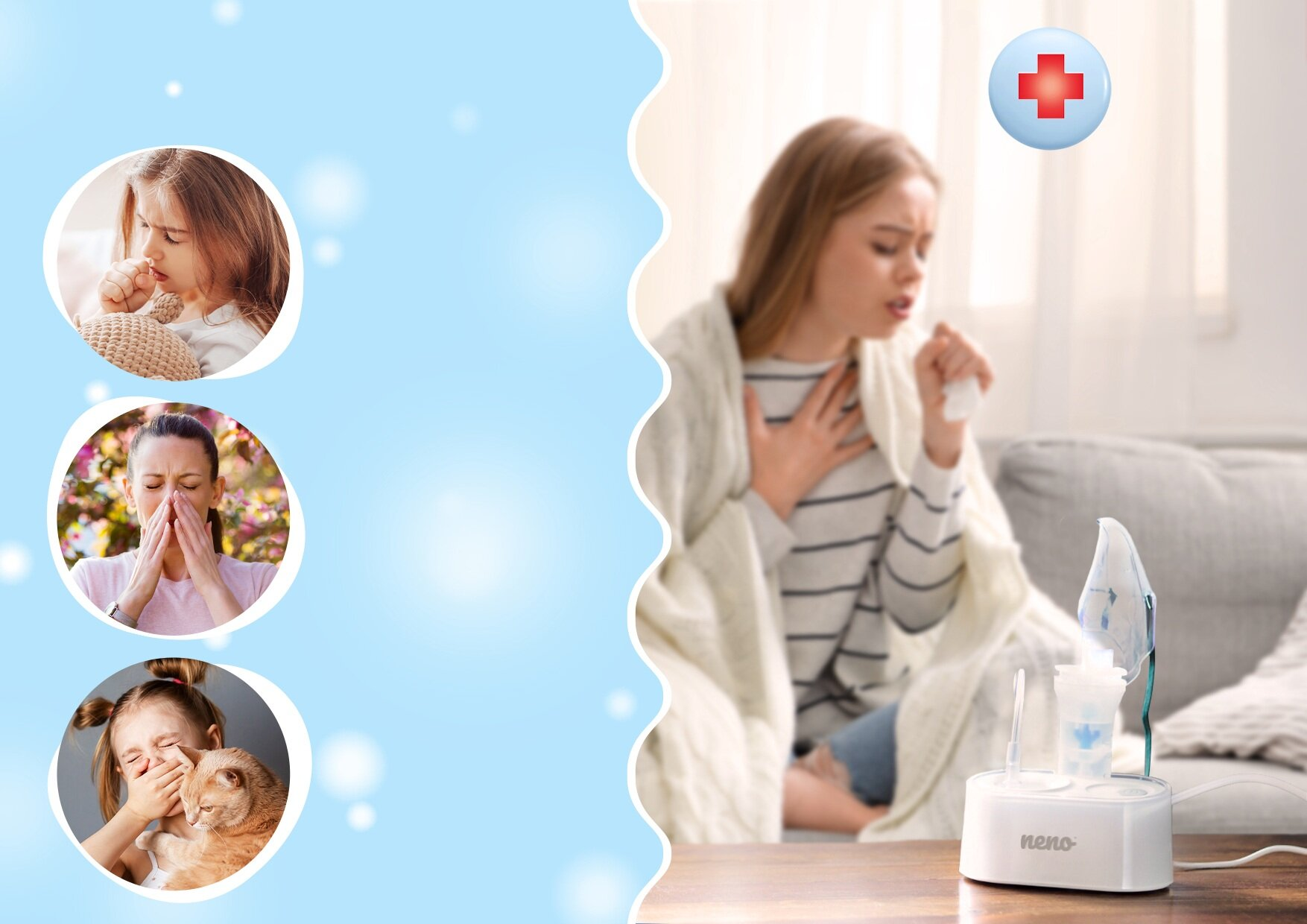 Zdjęcie przedstawia kaszlącą kobietę i inne osoby z objawami alergii. Nebulizator stoi na stole na pierwszym planie.