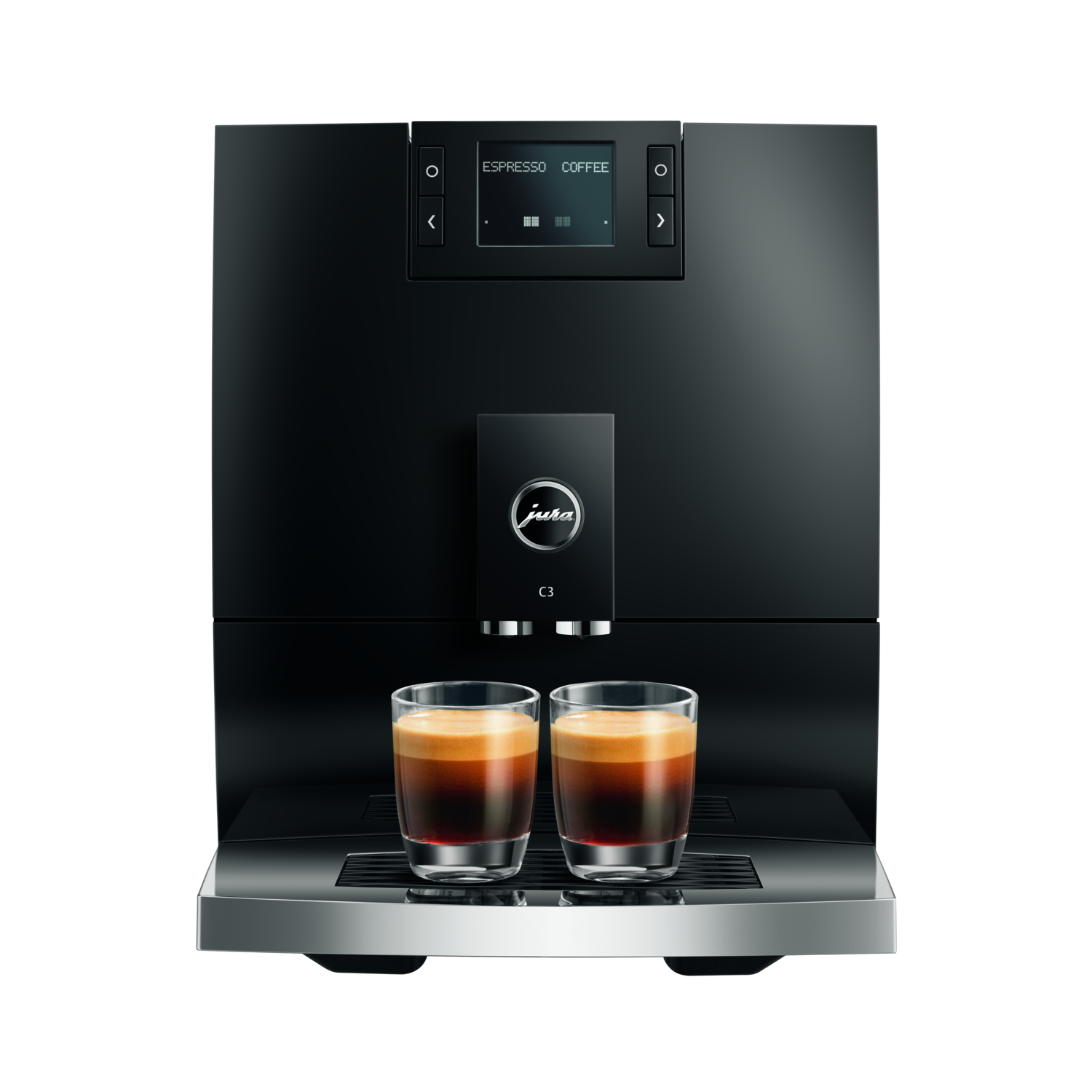 Zwarte espressomachine met een display. Twee glazen met espresso eronder. De machine heeft een zilveren bakje.