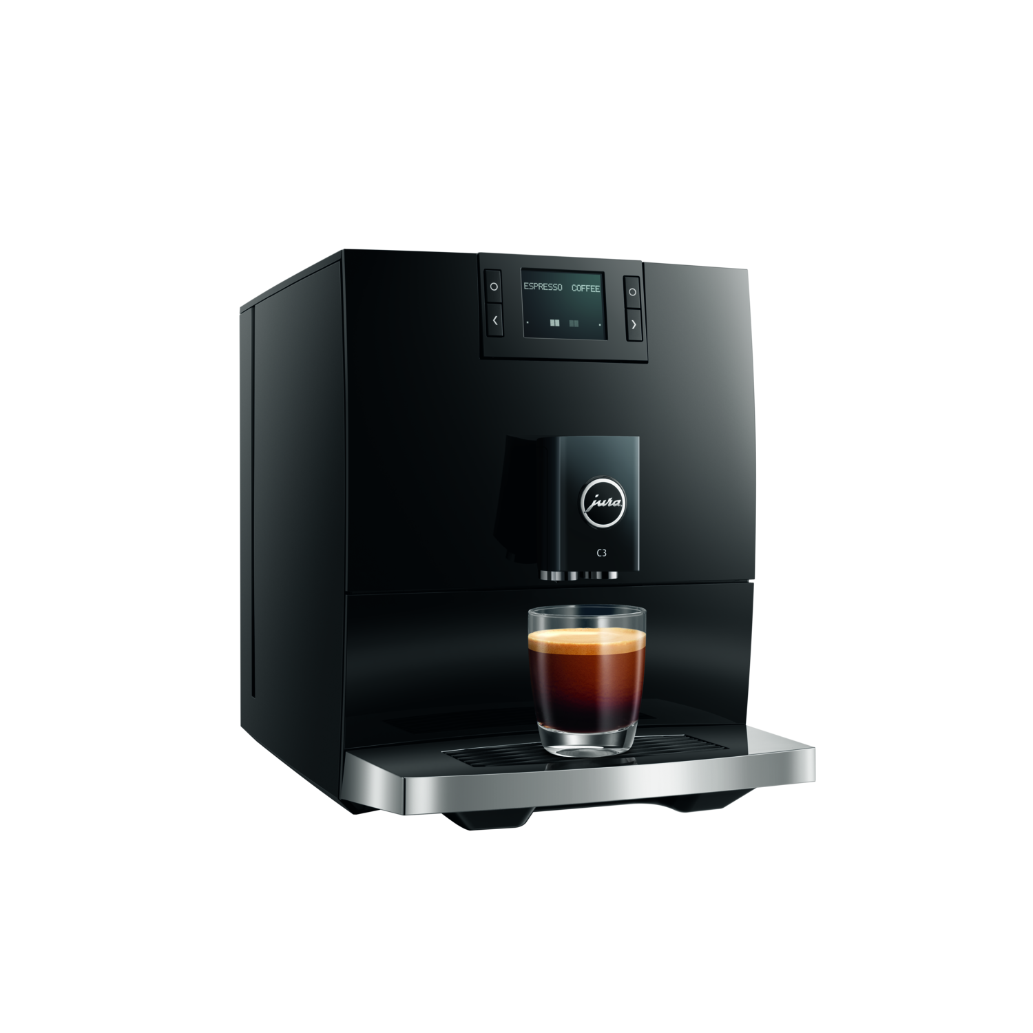 Een zwarte Jura C3 espressomachine met een glas koffie. Het heeft een scherm en knoppen. De achtergrond is wit.