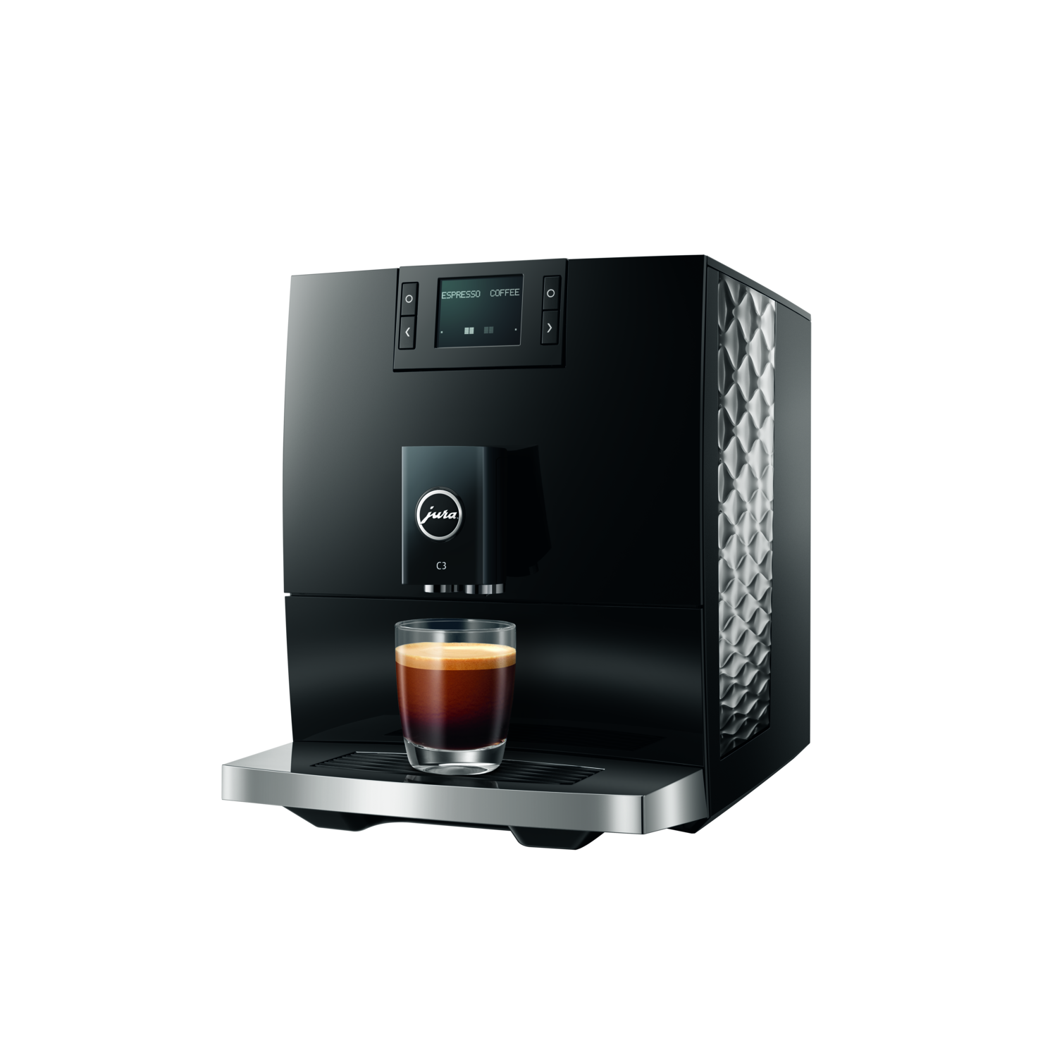 Een zwarte Jura C3 espressomachine met een glas espresso. De machine heeft een ruitpatroon aan één kant.