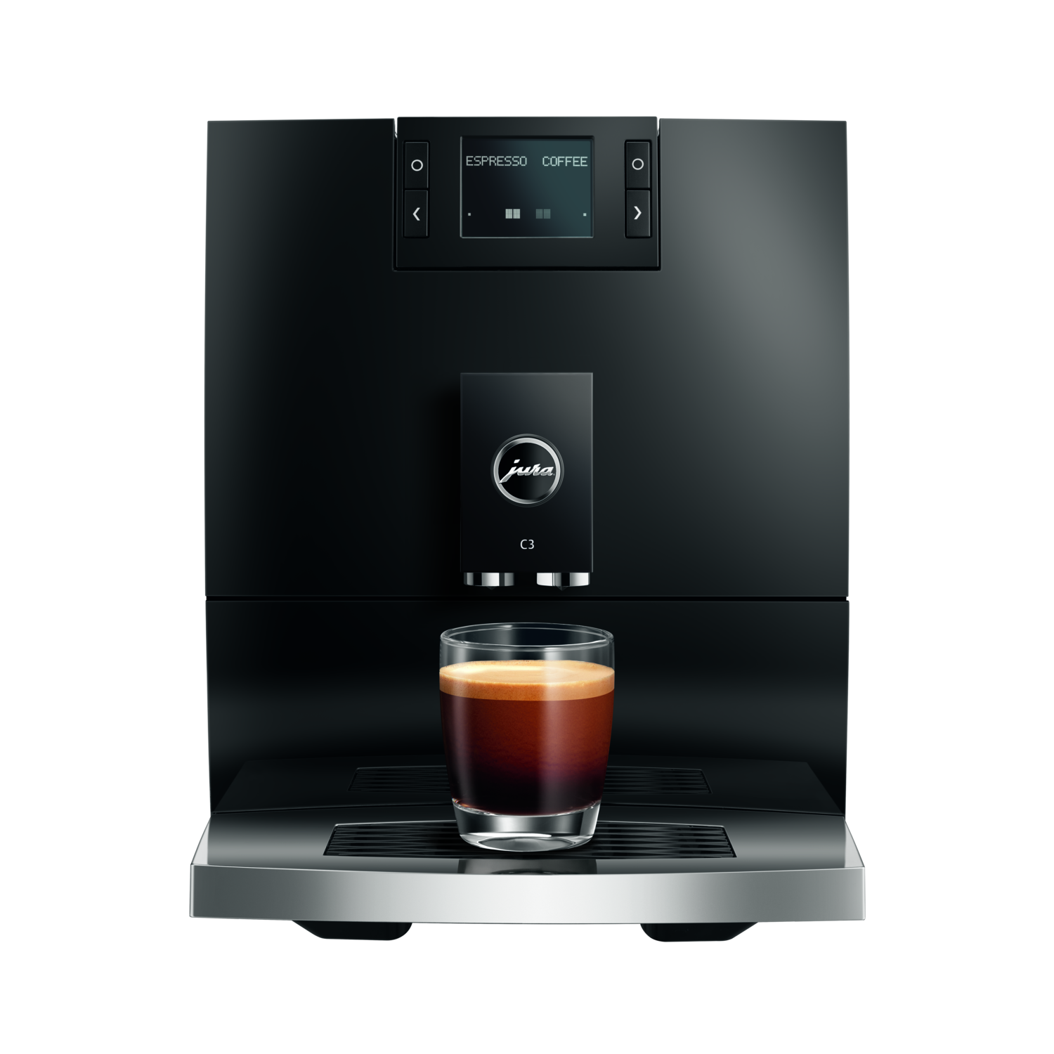 Een zwarte Jura C3 koffiemachine met een glas espresso. De machine heeft een display en zilveren accenten.