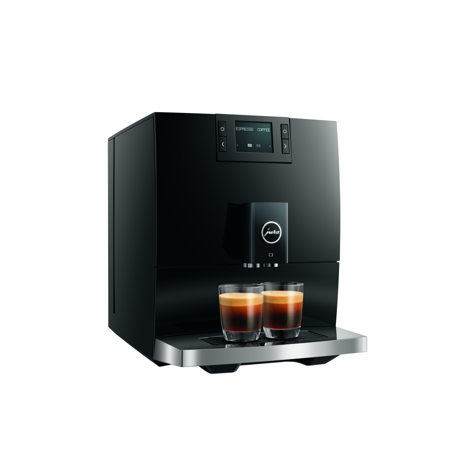 Zwarte Jura C3 espressomachine met twee glazen espresso. Een scherm toont opties. Zilveren lade onder.