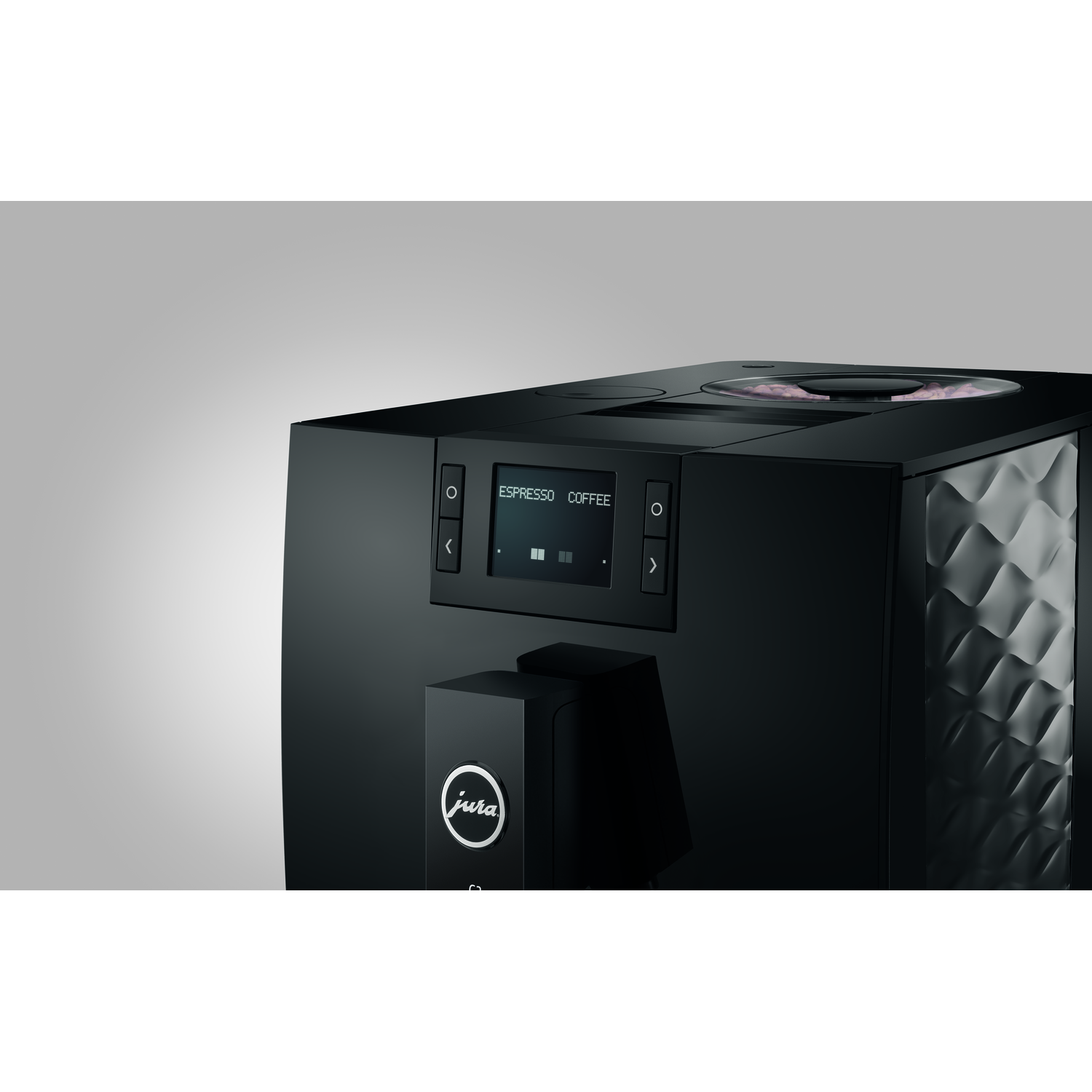 Een zwarte Jura espressomachine. Display toont 'ESPRESSO COFFEE'. De machine heeft een getextureerde zijkant en het Jura-logo.