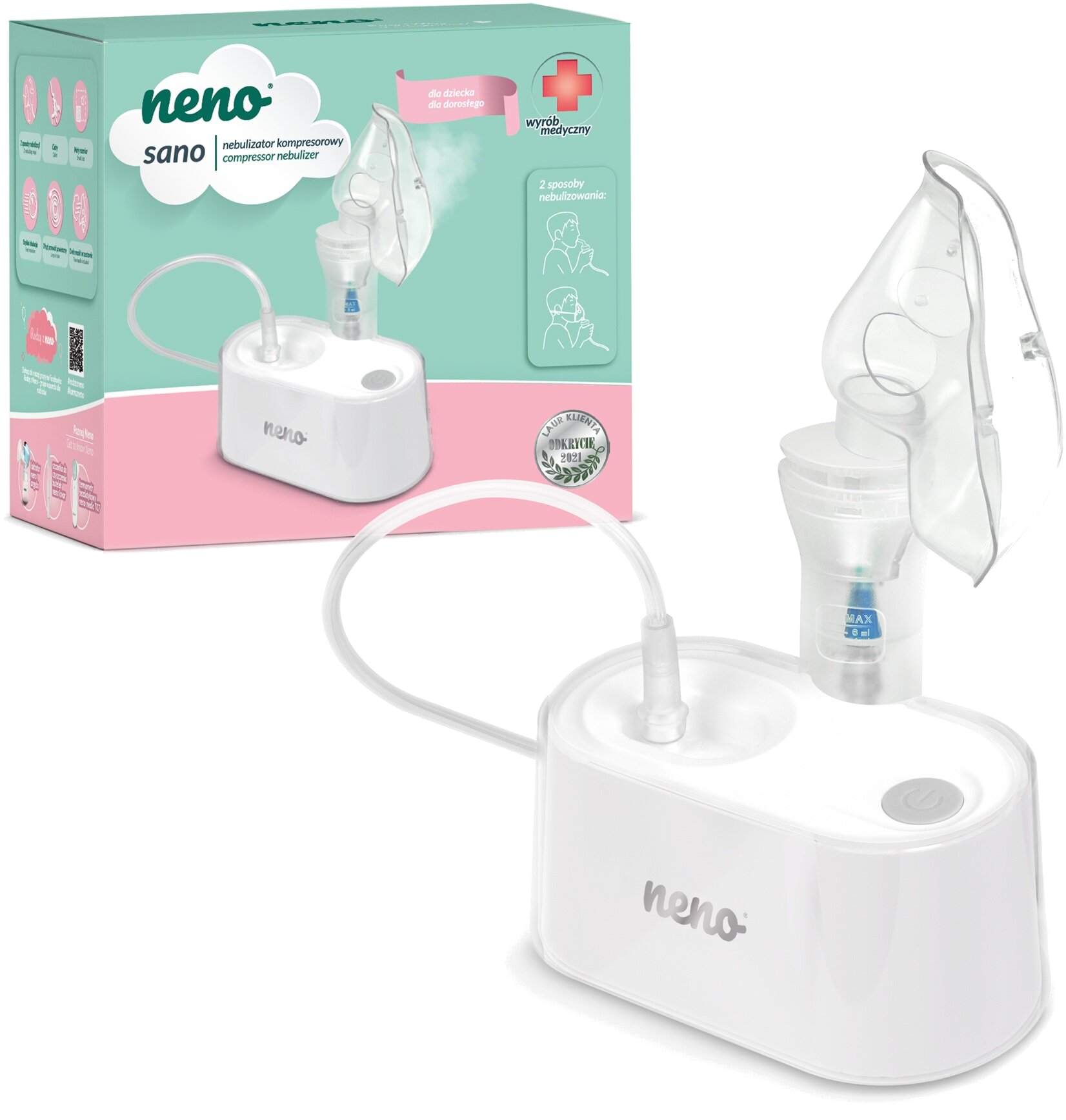 Biały nebulizator Neno z maską, rurkami i pudełkiem. Pudełko ma tekst i obrazy. Nebulizator to sprzęt medyczny.