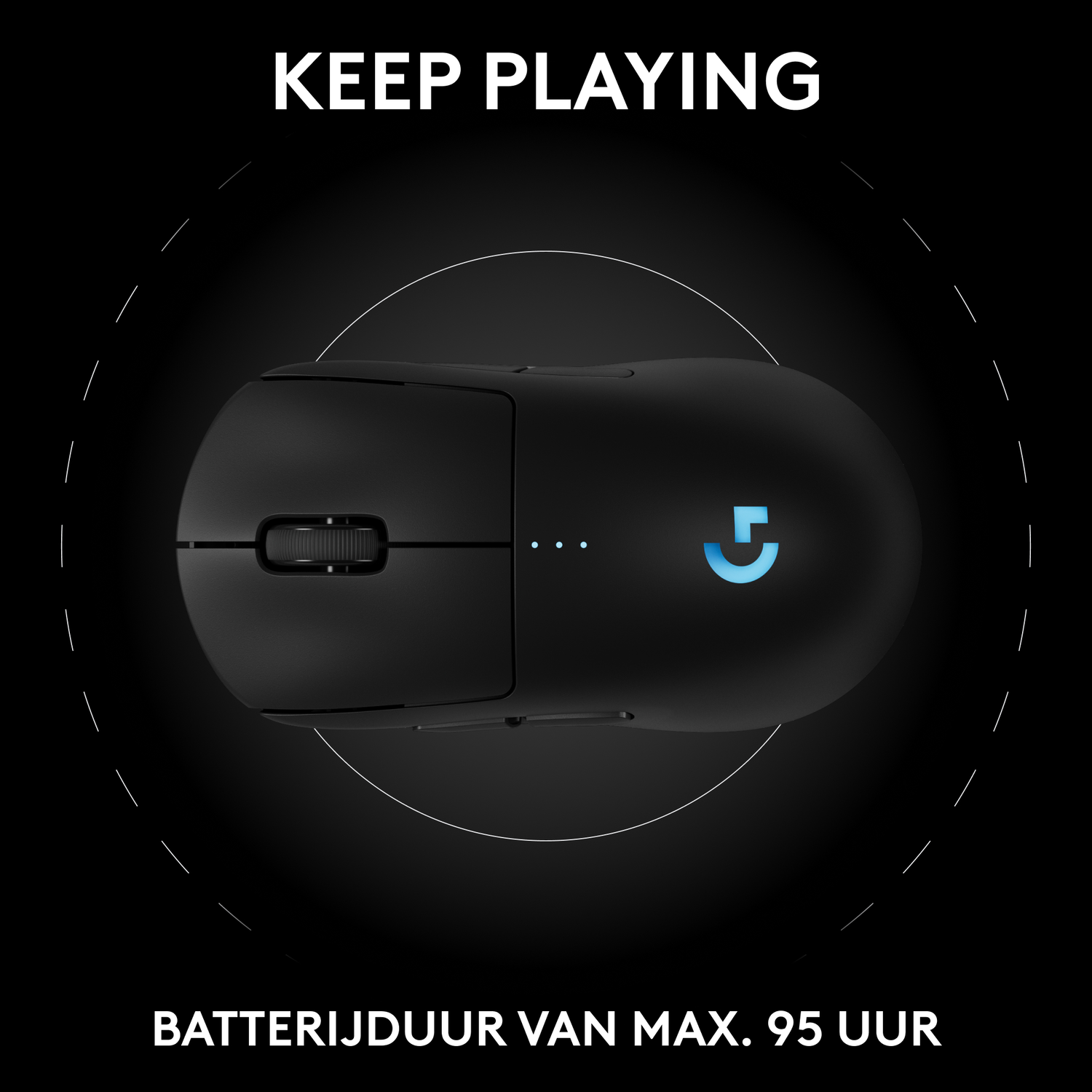 A black computer mouse on a black background. Text at the top reads "KEEP PLAYING". Bottom text says "BATTERIJDUR VAN MAX. 95 UUR".