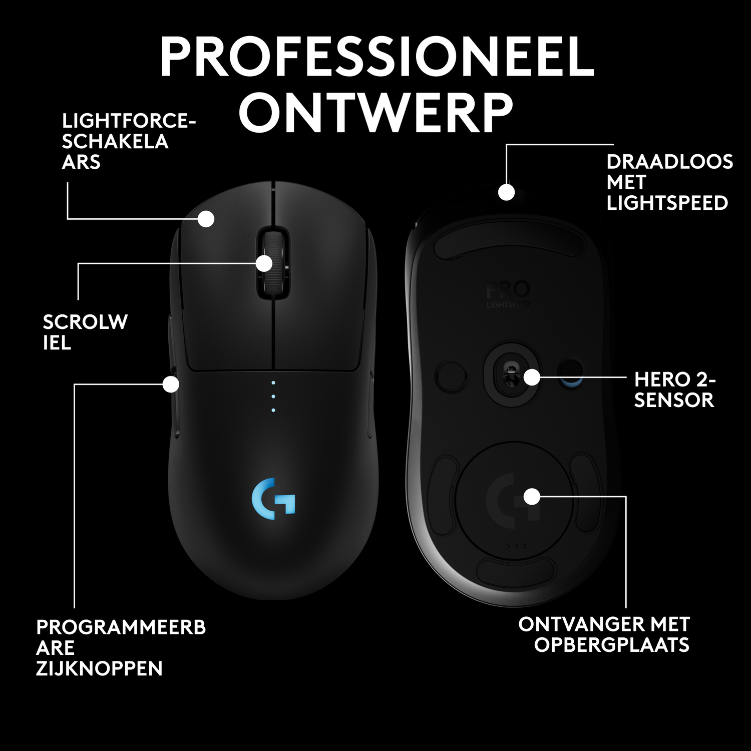 Two black computer mouses shown. One top view and the other bottom view. Text describes features.