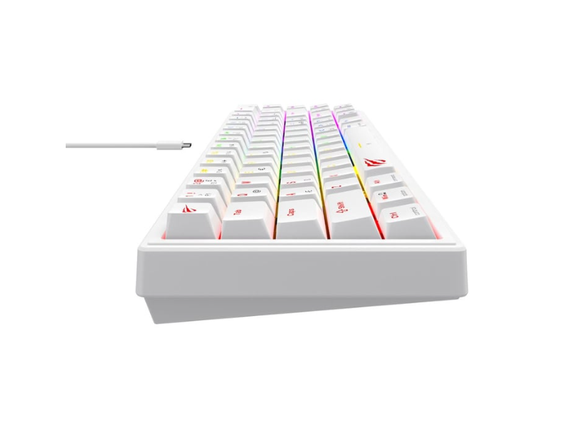 Aydınlatmalı tuşlara sahip beyaz, kompakt bir klavye sağa doğru açılıdır. Klavyeye bir USB-C kablosu bağlıdır.