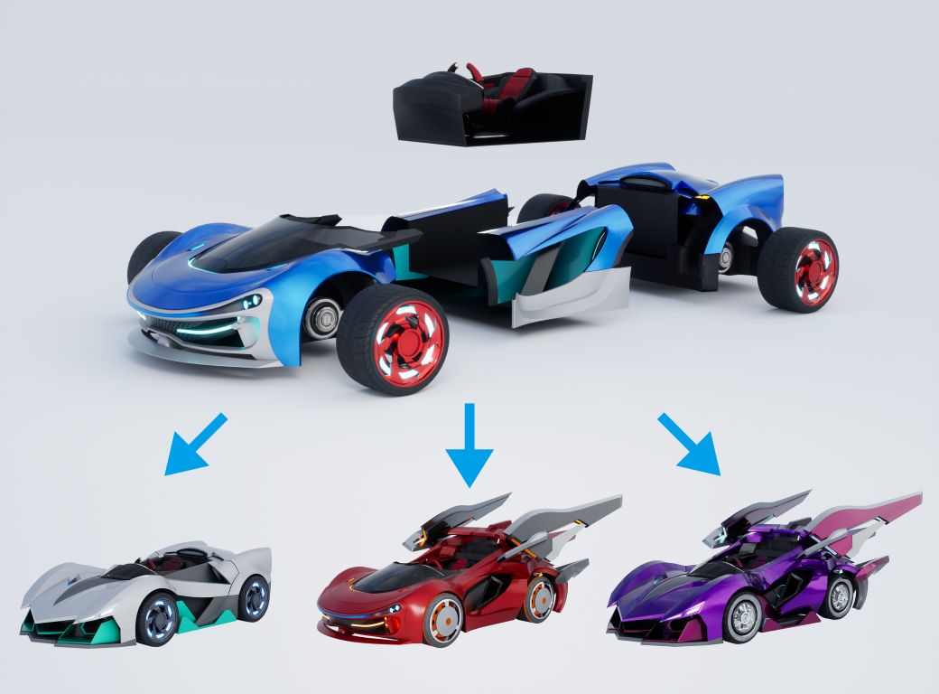 Niebieski futurystyczny samochód jest pokazany w stanie rozebranym, z trzema wariantami poniżej. Strzałki wskazują na wersje srebrną, czerwoną i fioletową.