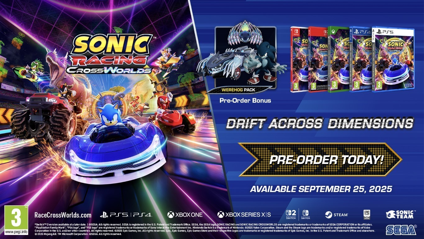 Plakat gry Sonic Racing CrossWorlds. Sonic w niebieskim samochodzie wyścigowym, postacie w pojazdach, pudełka z grami i pakiet Werehog.