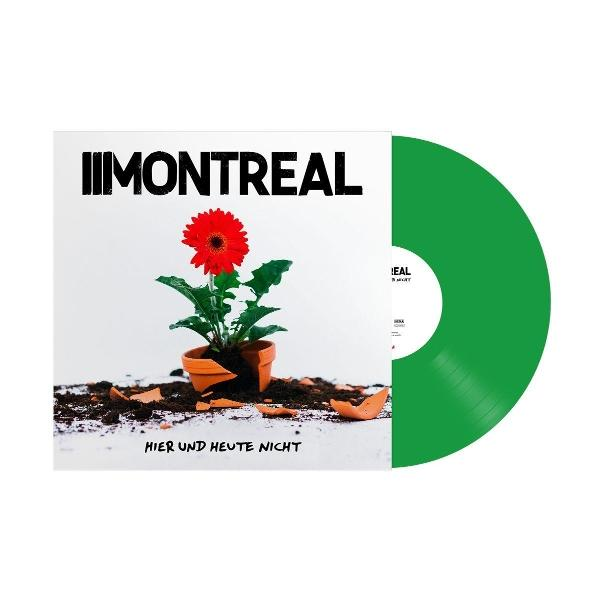 Albumcover mit roter Blume in zerbrochenem Topf, Vinyl rechts. Text: 'IIIMONTREAL' und 'HIER UND HEUTE NICHT'.