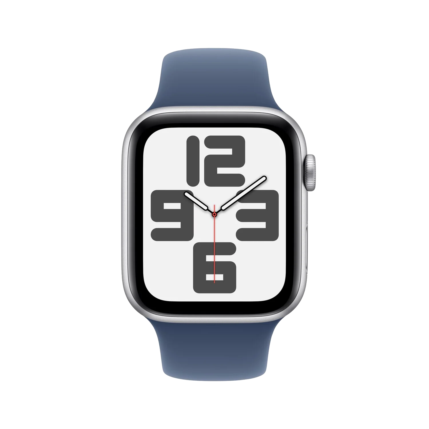 Mavi kayışlı bir Apple Watch. Saat kadranı, koyu gri renkte 12, 9, 3 ve 6 sayılarını, ibrelerle gösteriyor.