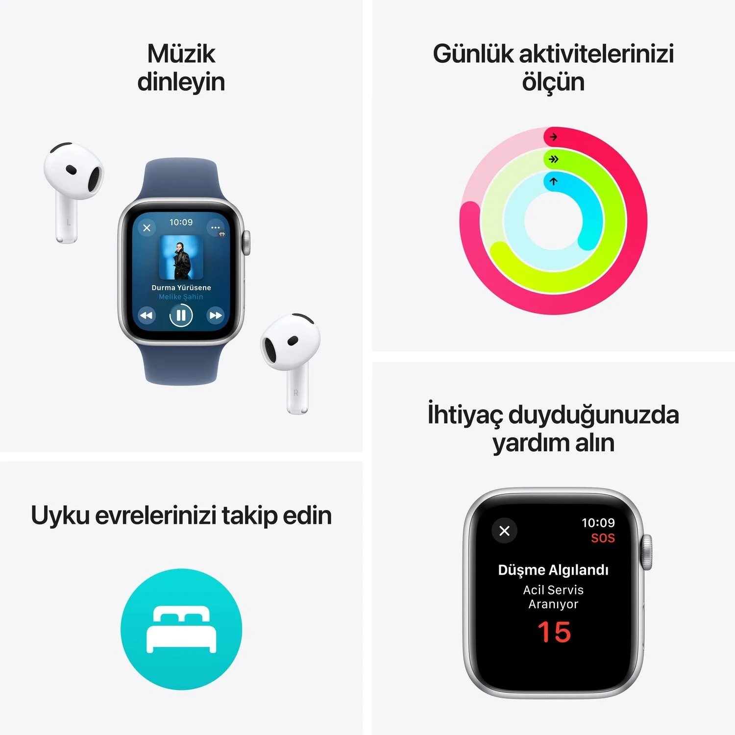 Görsel, müzik çalan Apple Watch, fitness halkaları, uyku takibi simgesi ve acil durum SOS ekranını gösteriyor. Kulaklıklar da görünür.