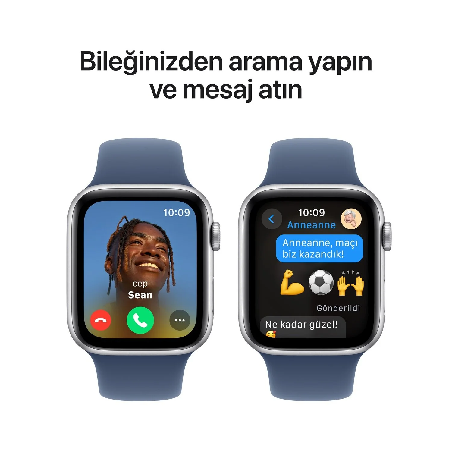 İki Apple Watch, aramaları ve mesajları gösteriyor. Birinde bir kişinin yüzü, diğerinde futbol topu emojisi olan bir mesaj var.