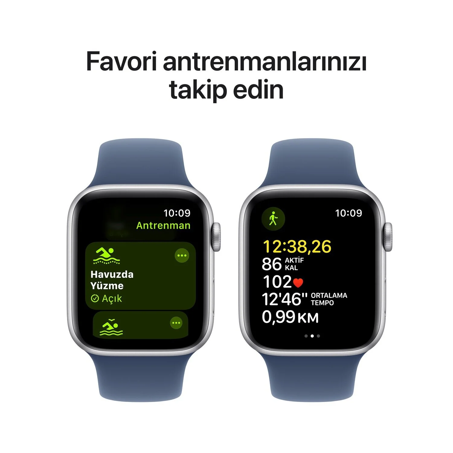 Mavi kayışlı iki akıllı saat, antrenman verilerini gösteriyor. Biri yüzme seçeneklerini, diğeri zamanı, kaloriyi ve mesafeyi gösteriyor.