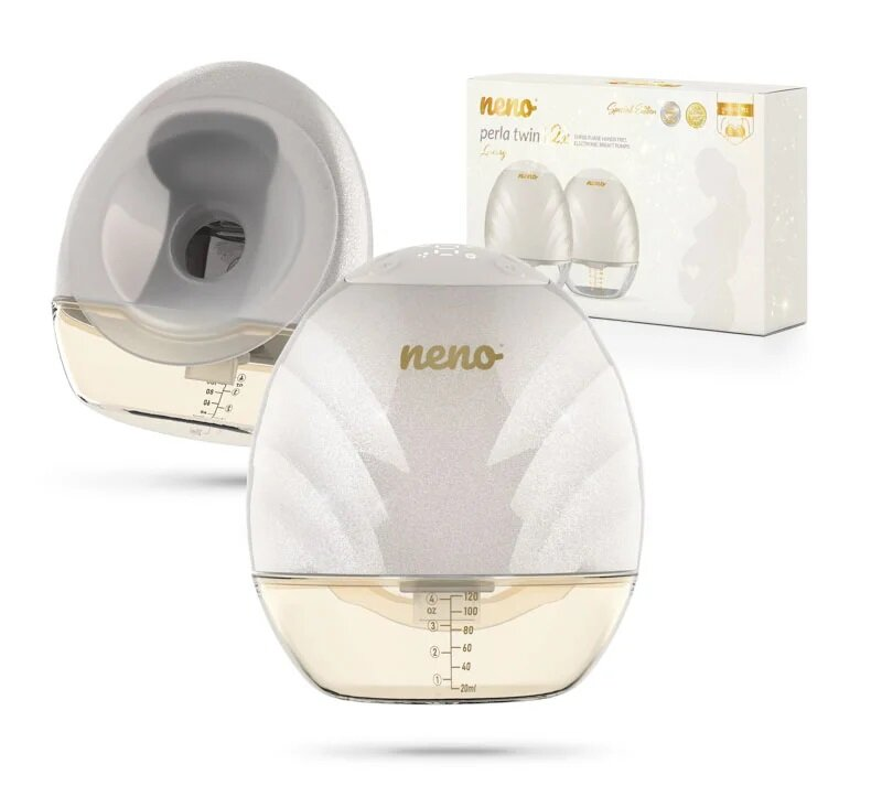 Obraz przedstawia zestaw laktatorów. Widoczne są trzy pompki i pudełko. Dominują kolory biały i złoty. Marka to 'neno'.