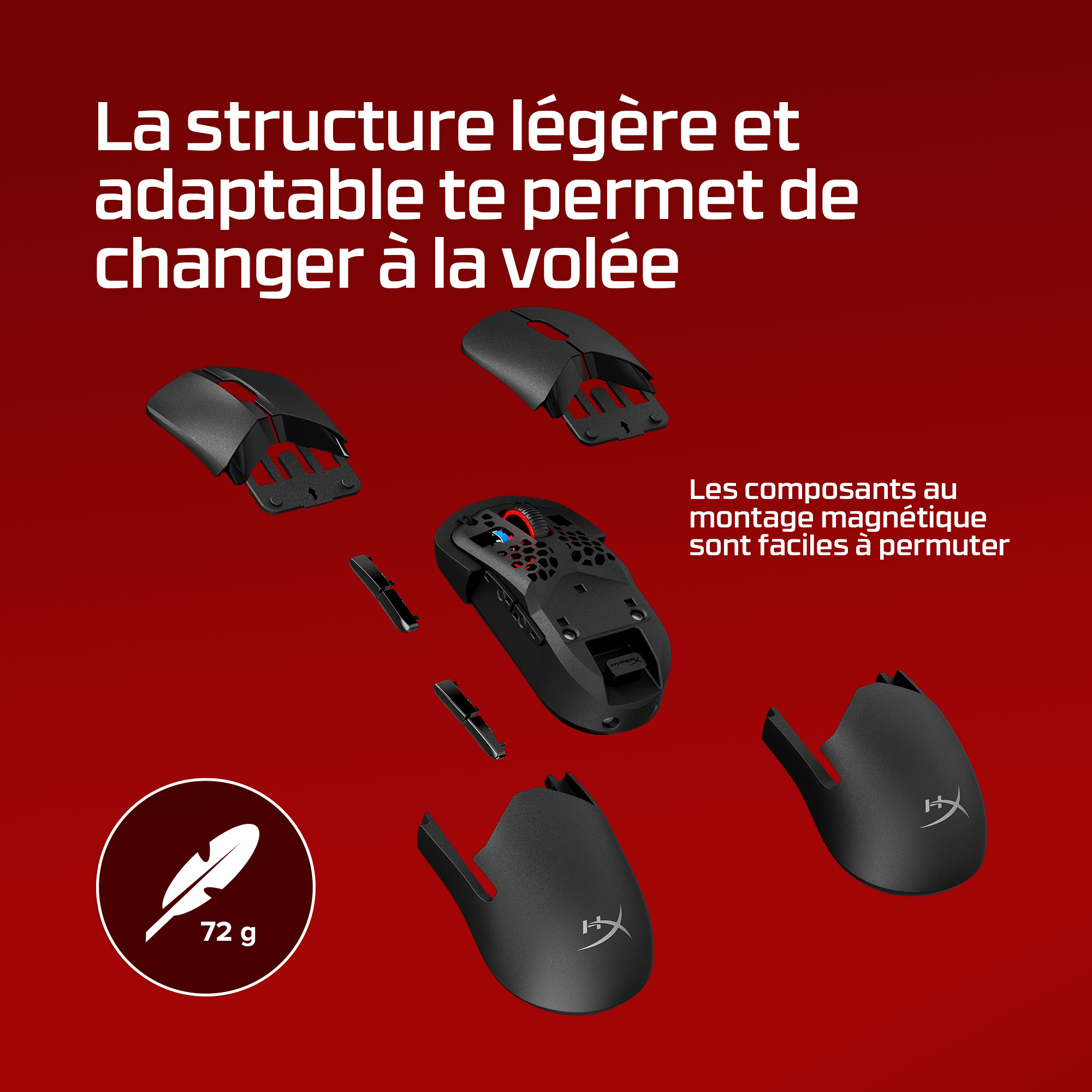 Black gaming mouse with detachable parts, on a red background. Text indicates lightweight, adaptable design and magnetic components.