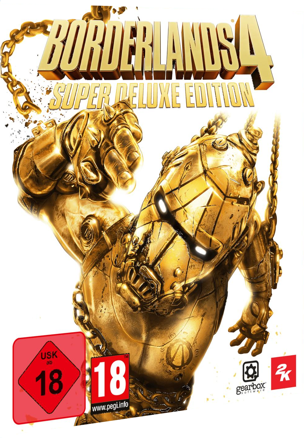 Borderlands 4 Super Deluxe Edition Cover. Eine goldene Roboterfigur ist zu sehen. Ketten und Spielbewertungen sind ebenfalls enthalten.