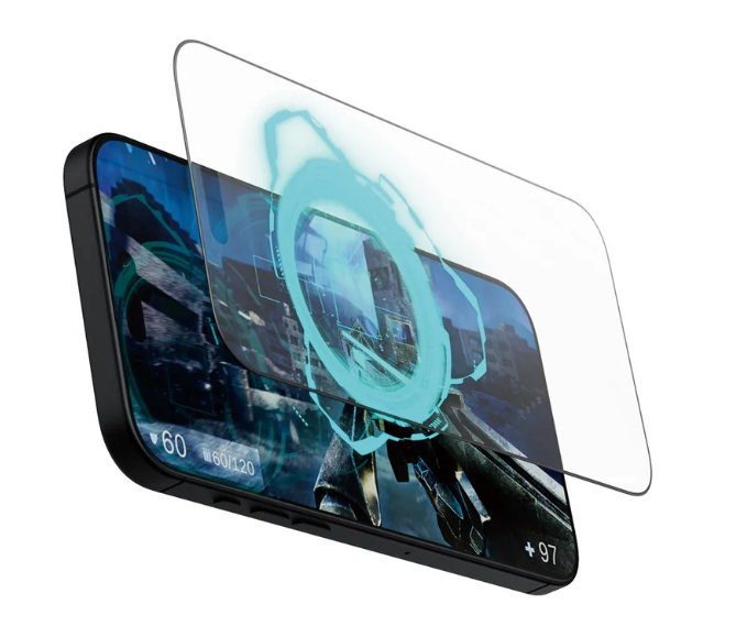 Ein Smartphone mit Spieloberfläche. Eine transparente Folie schwebt darüber mit blauem futuristischem Design.