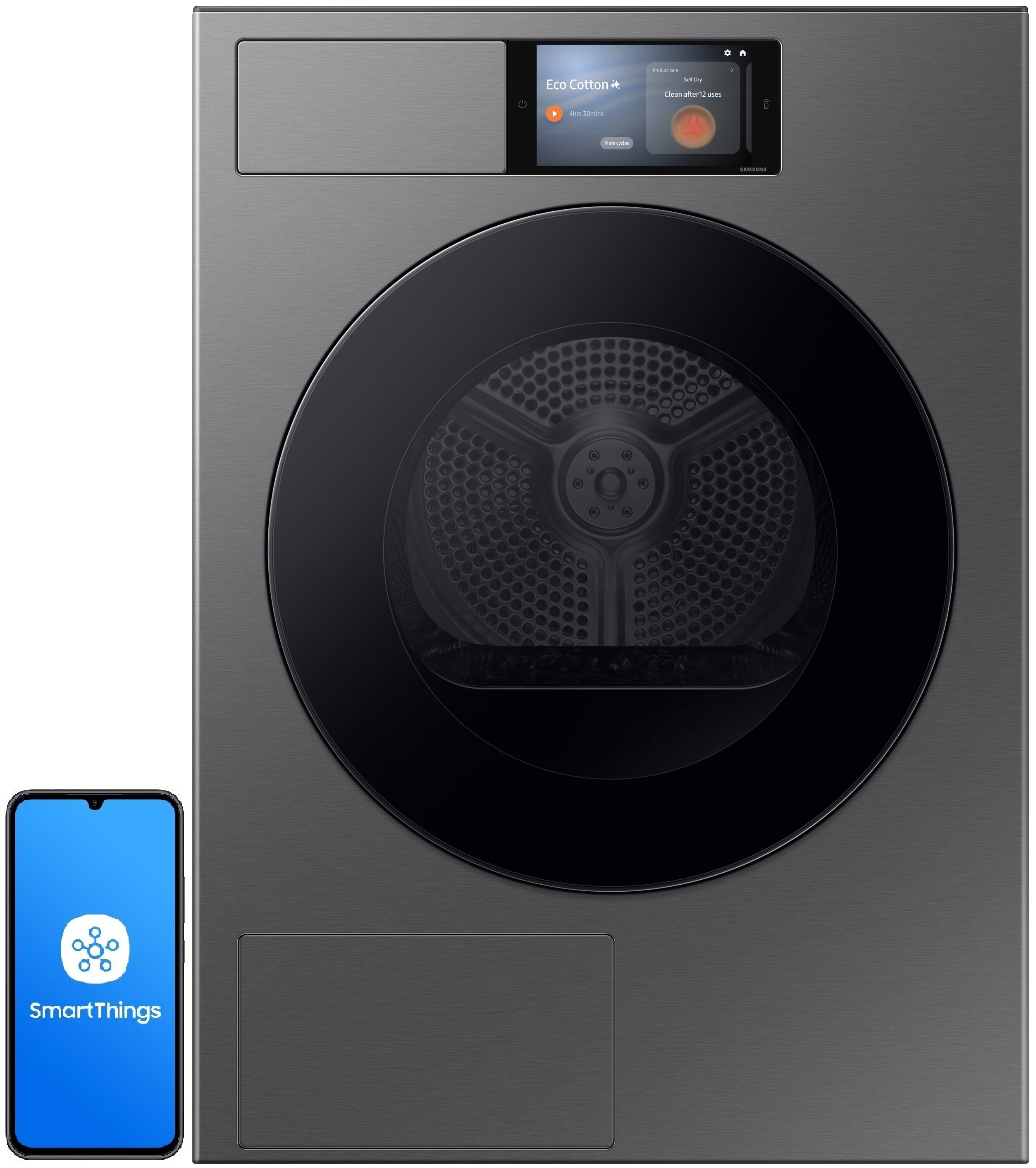 Szara suszarka Samsung z okrągłymi drzwiami, małym ekranem i telefonem z aplikacją SmartThings.