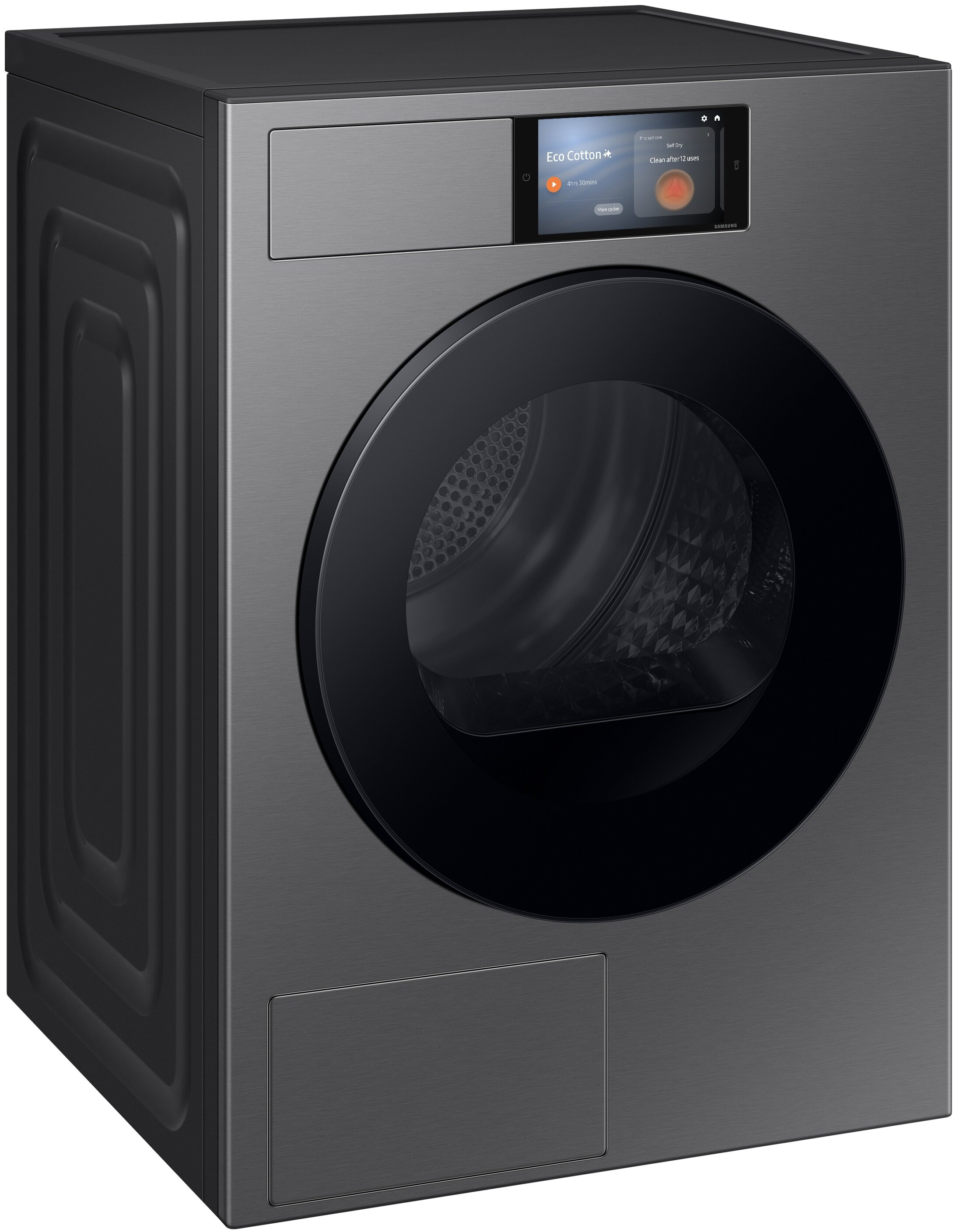 Ciemnoszara suszarka z okrągłymi czarnymi drzwiami, ekranem z ustawieniami i logo Samsung.