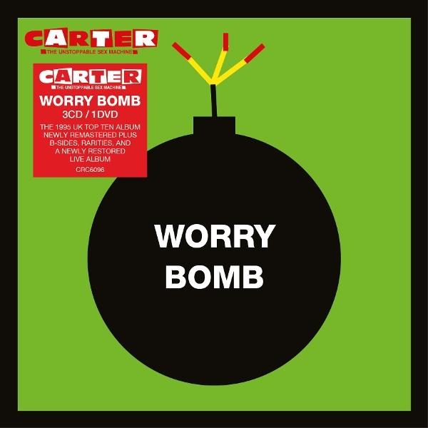Albumcover für "Worry Bomb" von Carter. Eine schwarze Bombenform, grüner Hintergrund und roter Text. Enthält Albumdetails.