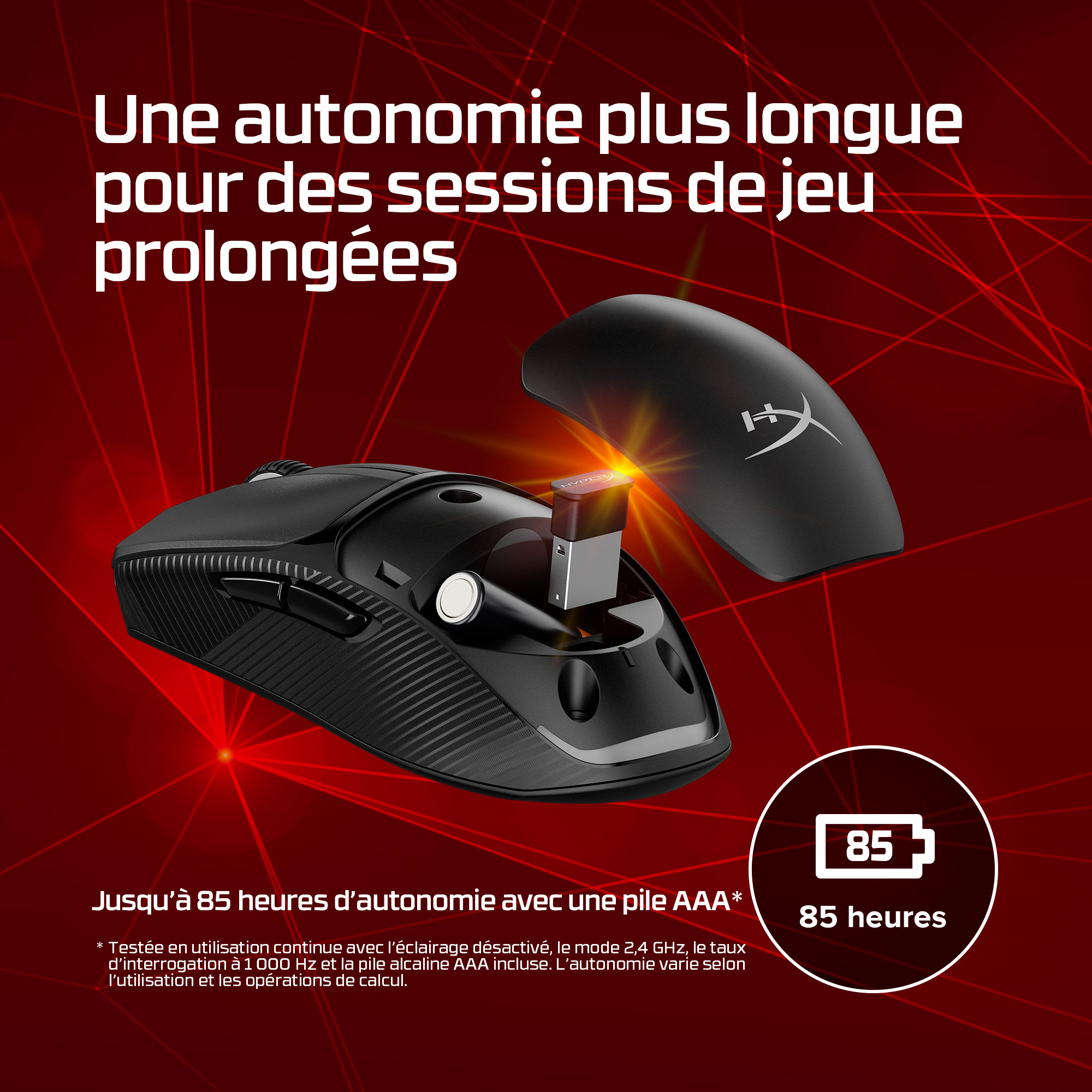 Black gaming mouse with a wireless adapter and a battery icon showing 85 hours on a red background.