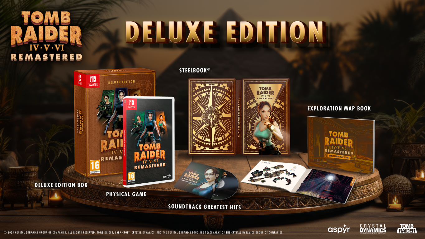 Edycja Deluxe Tomb Raider IV-V-VI Remastered. Zawiera pudełko z grą, steelbook, ścieżkę dźwiękową i mapę, na drewnianej ekspozycji.