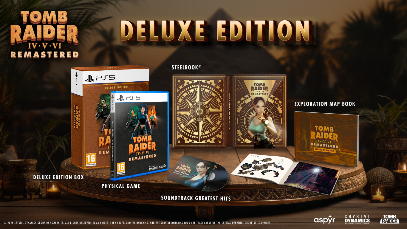 Edycja Deluxe Tomb Raider IV-V-VI Remastered na PS5. Zawiera grę, steelbook, mapę i ścieżkę dźwiękową. Motyw brązowo-złoty.