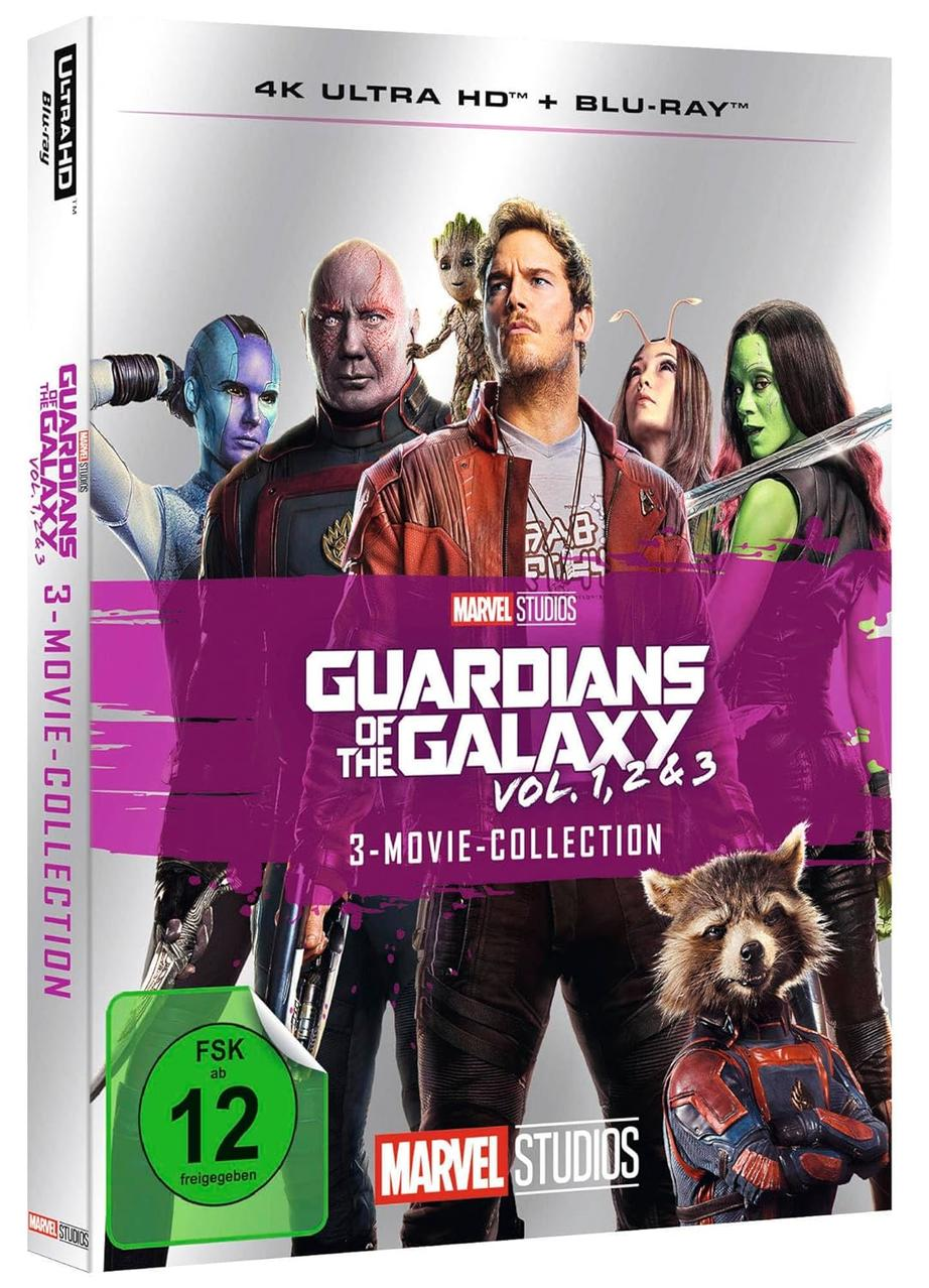 Guardians of the Galaxy 3-Filme-Sammlung Blu-ray-Cover. Charaktere sind Star-Lord, Gamora, Rocket und Groot.