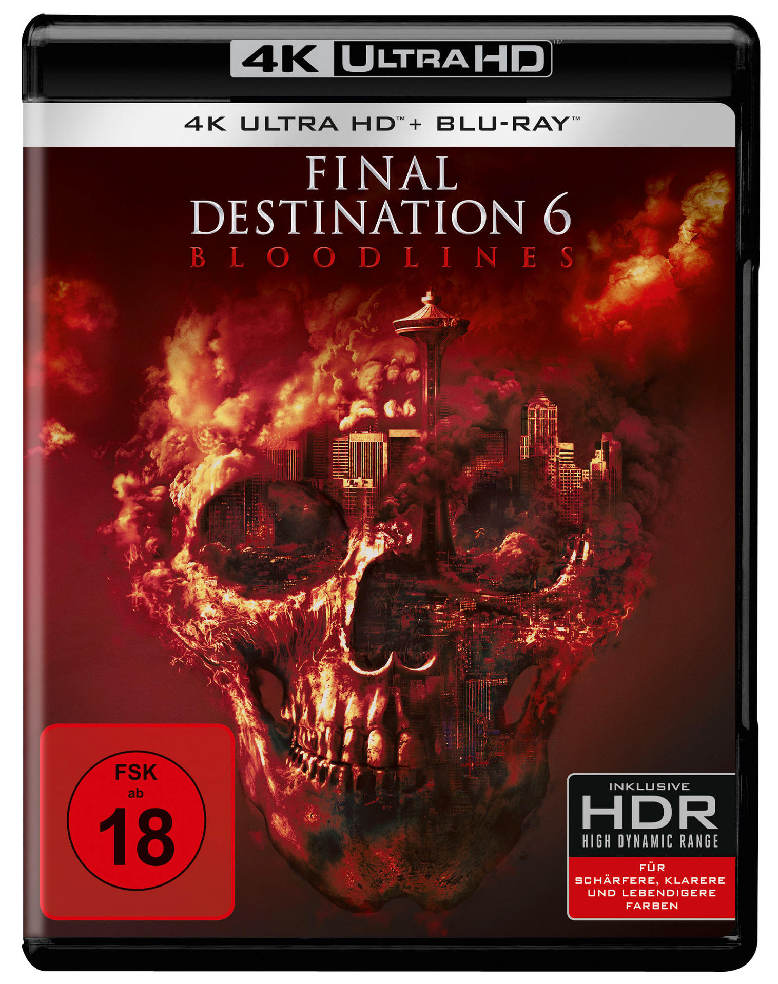 Filmposter für Final Destination 6. Ein Schädel mit einer Stadt auf rotem Hintergrund. Enthält HDR und eine Altersfreigabe ab 18.