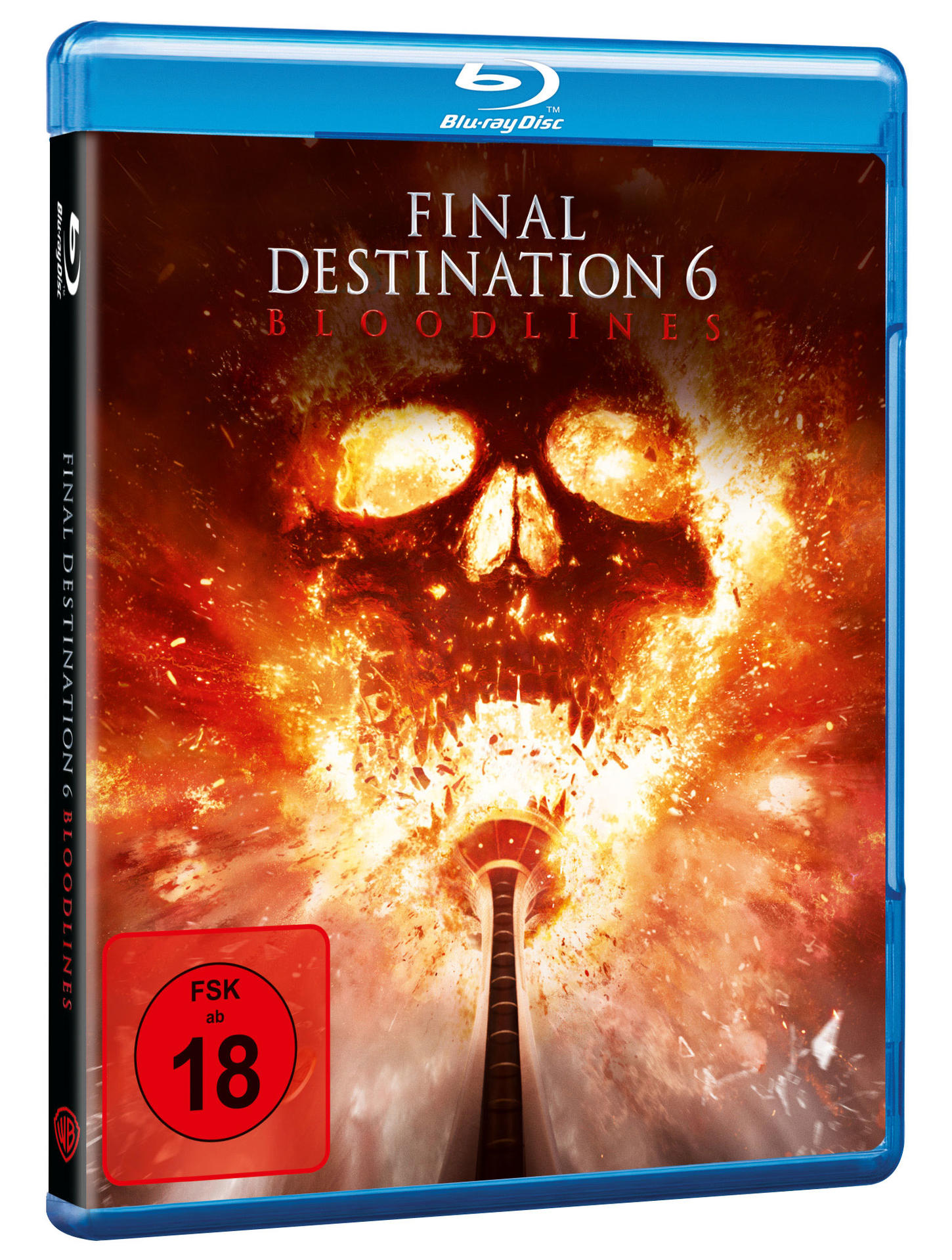 Blu-ray-Cover für Final Destination 6. Ein Schädel explodiert in Flammen, mit dem Titel und einer Altersfreigabe von 18 Jahren. Im Hintergrund ein Turm.