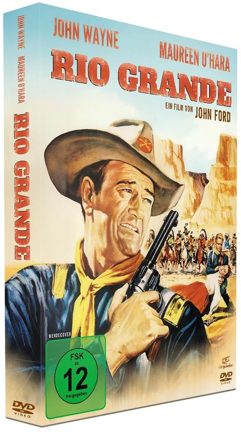 DVD-Cover des Films Rio Grande. John Wayne hält eine Waffe und trägt einen Hut. Der Hintergrund zeigt eine Wüstenszene und Reiter.
