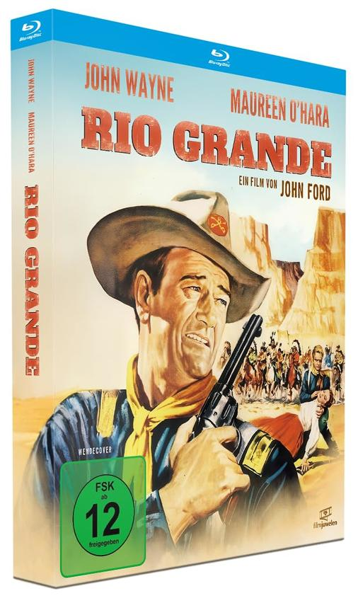 DVD-Cover für Rio Grande. John Wayne hält eine Waffe, mit einer Wüstenlandschaft und Indianern im Hintergrund.
