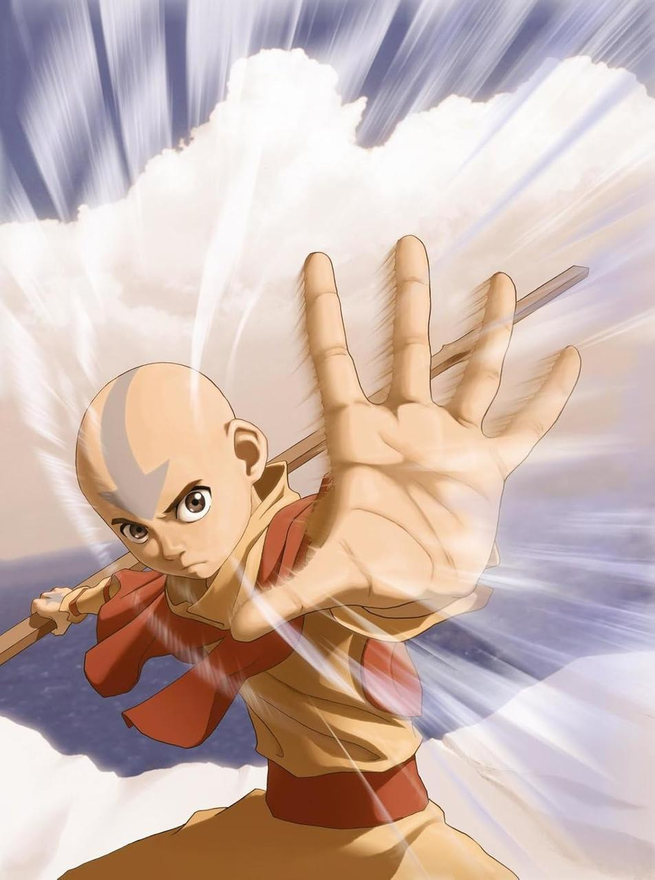 Aang aus Avatar: Der Herr der Elemente. Er ist kahl mit einem Pfeil auf dem Kopf. Er hält einen Stab mit ausgestreckter Hand.