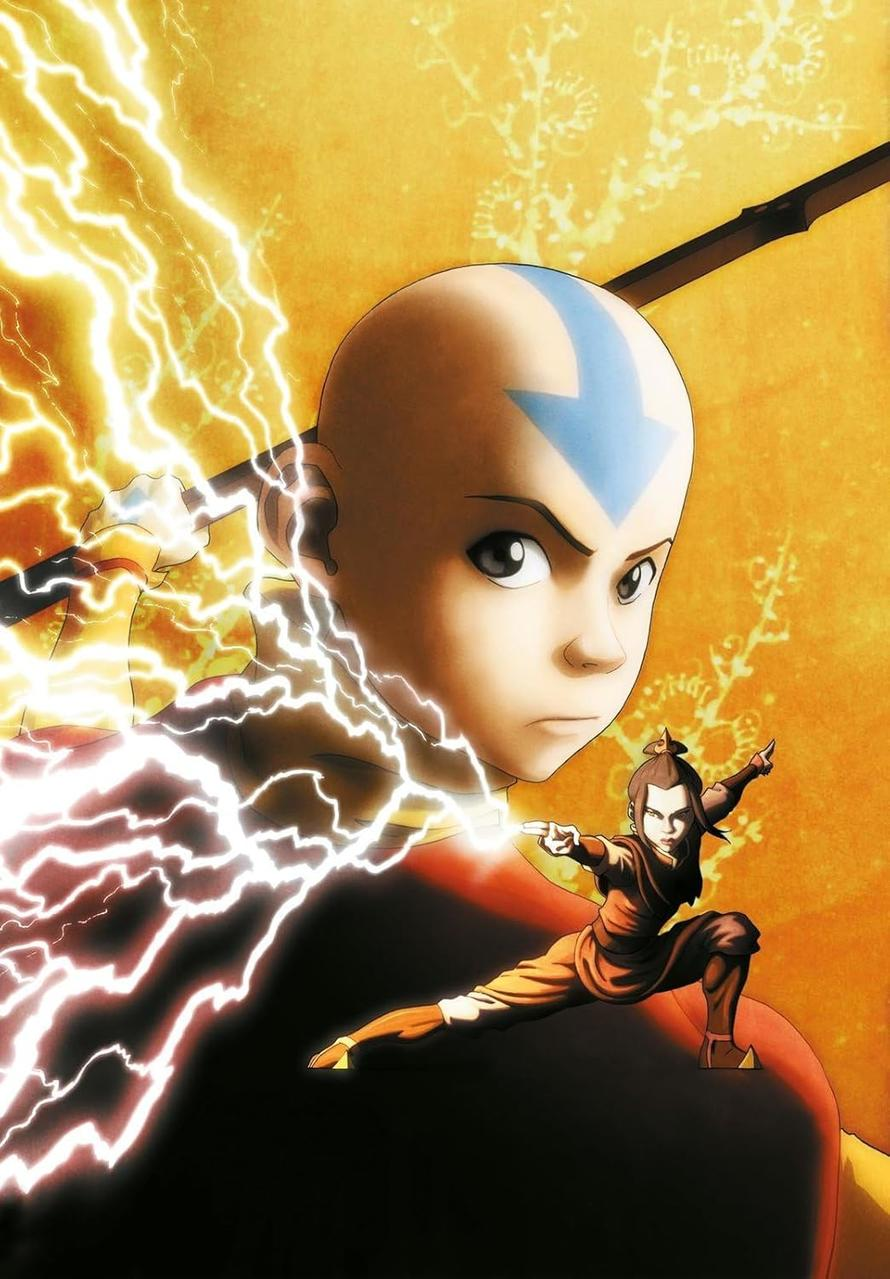 Aang mit Blitzen und Azula. Aang hat ein blaues Pfeiltattoo. Azula ist in Kampfhaltung. Der Hintergrund ist gelb mit Mustern.