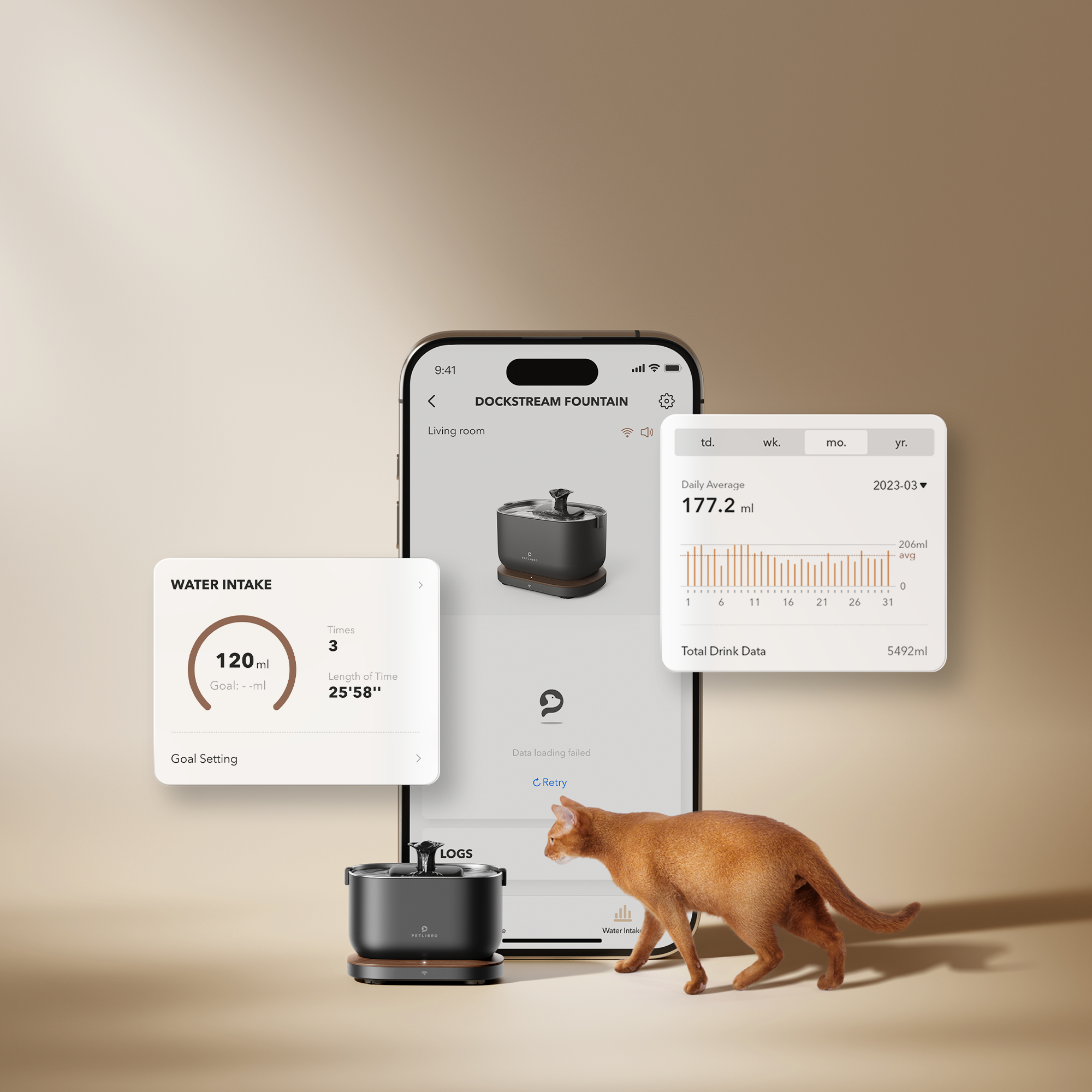 Eine App zeigt Wasseraufnahmedaten an. Eine Katze steht neben einem Wasserbrunnen. Der Bildschirm zeigt Details zur Wasseraufnahme und Tagesdurchschnitte.