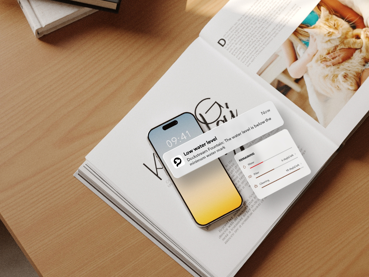 Ein Smartphone zeigt eine Benachrichtigung über einen niedrigen Wasserstand an. Es liegt auf einer offenen Zeitschrift, im Hintergrund eine Katze. Es ist 09:41 Uhr.