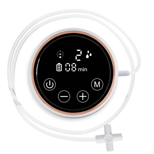 Laktator z cyfrowym wyświetlaczem pokazuje ustawienia, poziom baterii i czas. Widoczne przyciski zasilania, trybu i regulacji.