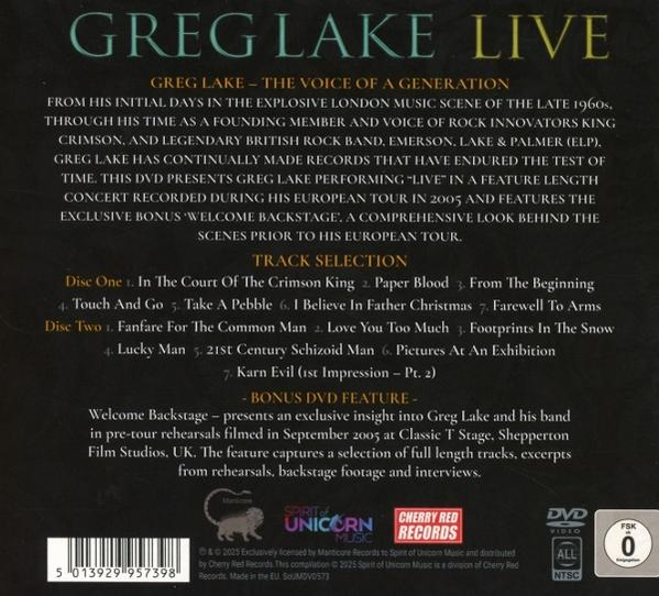 DVD-Cover mit Text: Greg Lake Live. Titelliste enthält In The Court of the Crimson King, Lucky Man und Karn Evil.