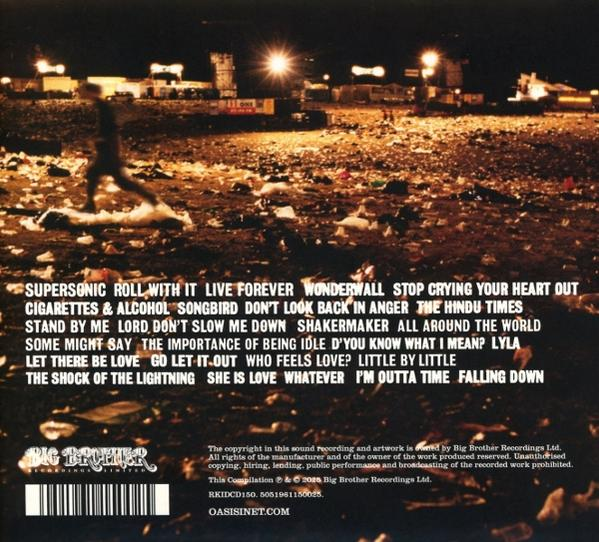 Albumcover bei Nacht mit einer Figur, die sich von einem hellen Licht entfernt. Unten sind die Songtexte von Oasis.