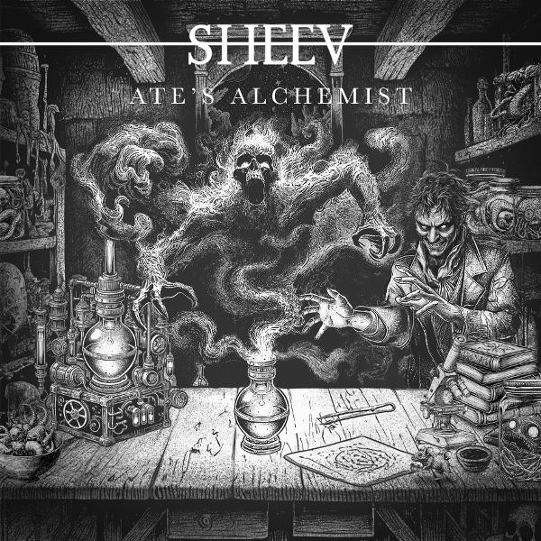 Schwarz-Weiß-Illustration eines Alchemisten in einem Labor mit einer geisterhaften Figur, Bechern, Büchern und einer rauchenden Flasche.
