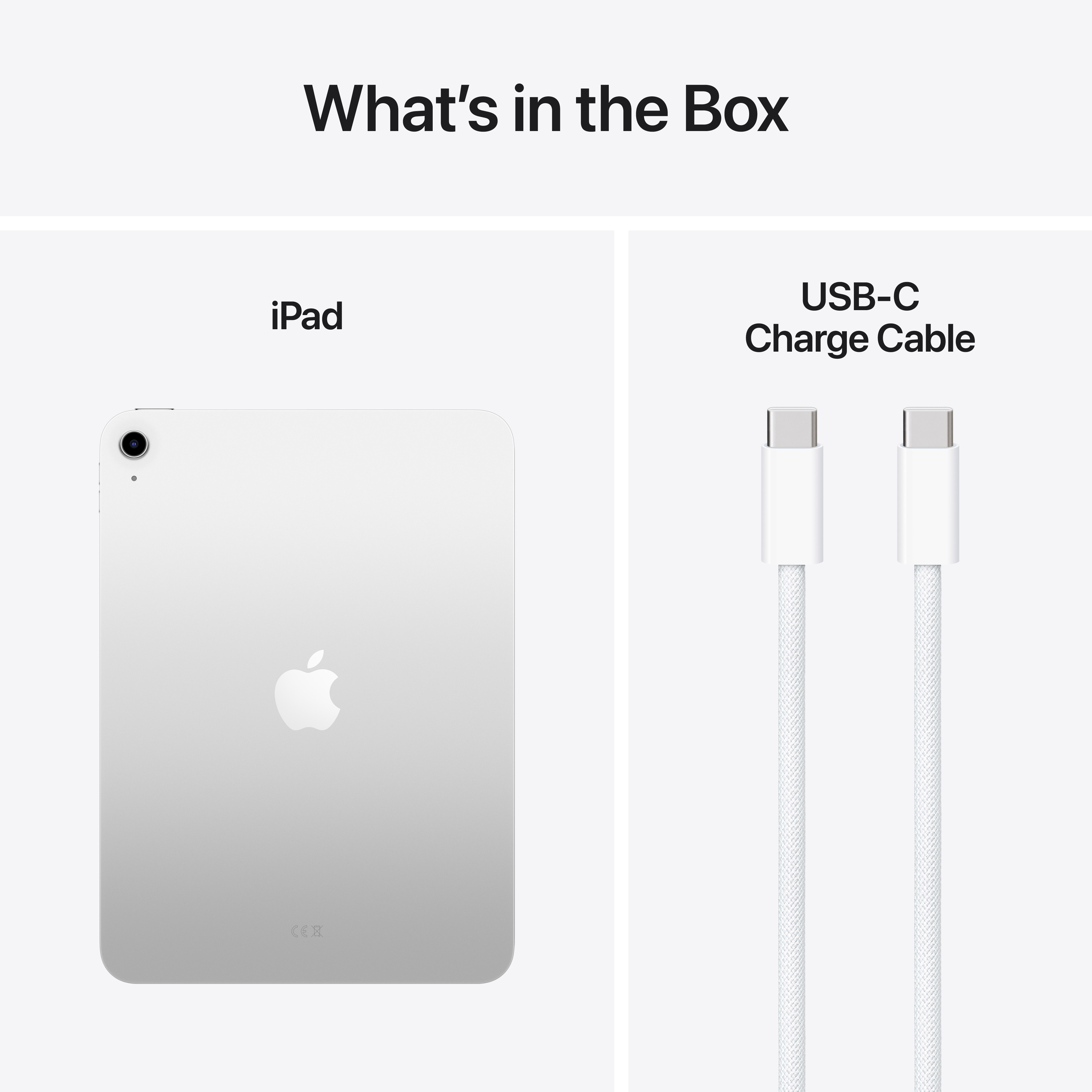 Das Bild zeigt ein iPad und ein USB-C-Ladekabel. Das iPad ist silberfarben, das Kabel ist weiß mit USB-C-Anschlüssen.