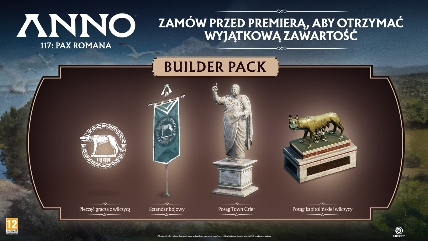 Obraz promocyjny Anno 117 Pax Romana Builder Pack. Zawiera posąg wilka, sztandar, rzymski posąg i symbol wilka.