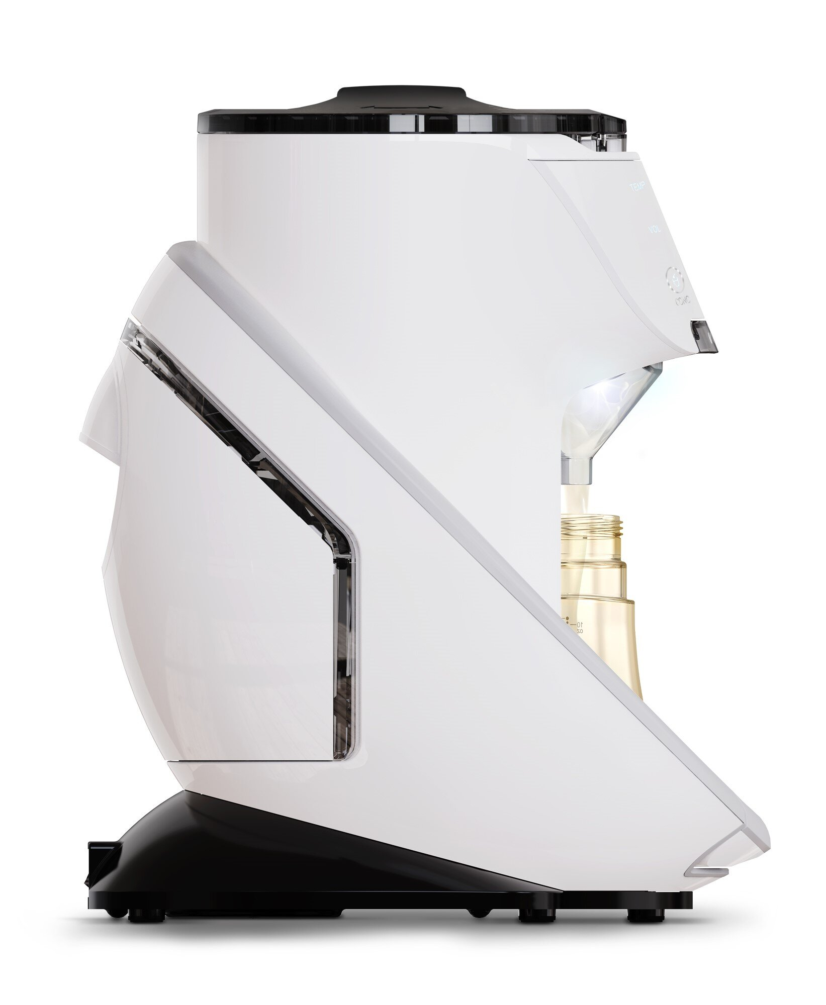 Biało-czarny preparat do mleka modyfikowanego dla niemowląt. W środku butelka. Maszyna ma futurystyczny wygląd.