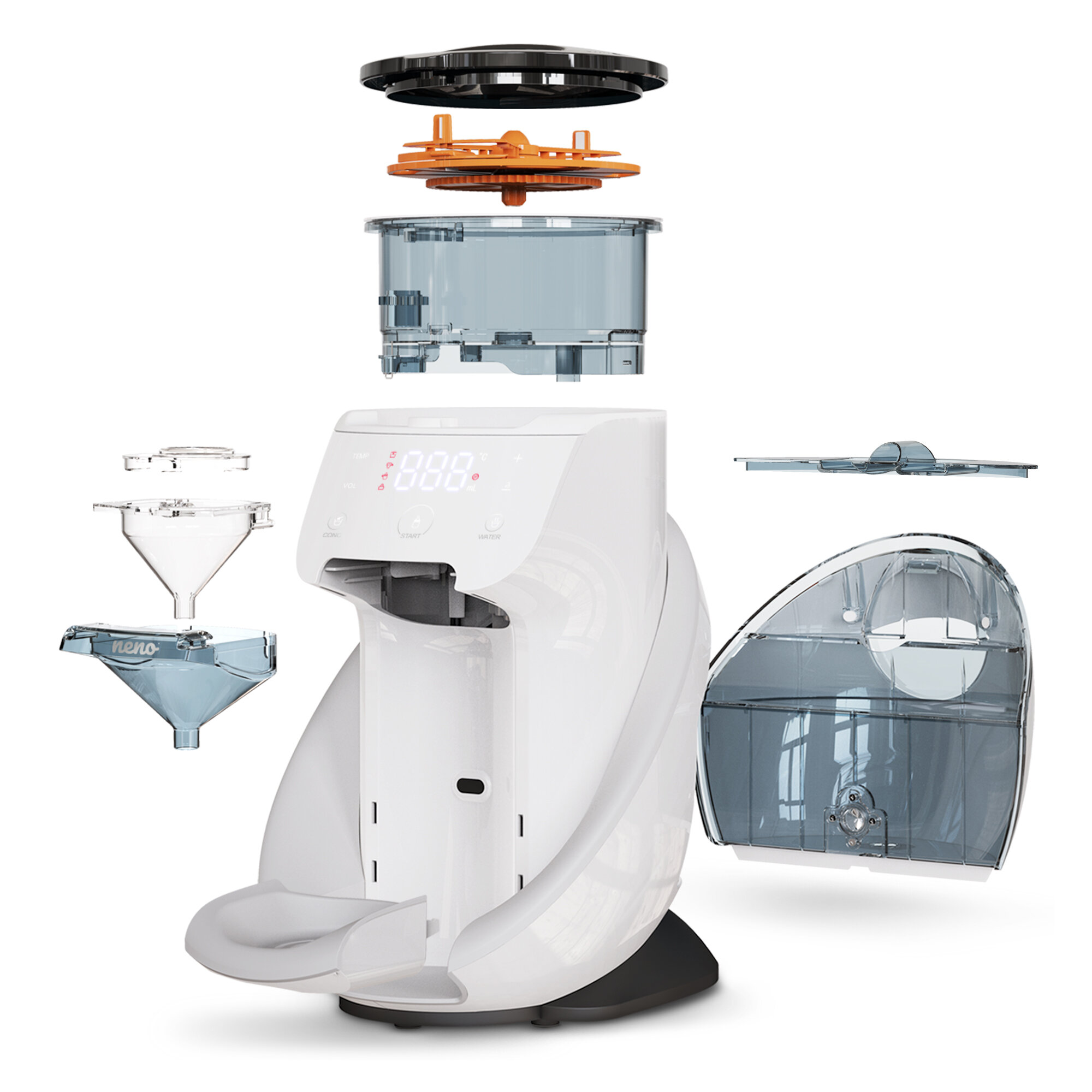 Widok rozstrzelony białego i szarego podgrzewacza do butelek dla niemowląt z odłączonymi częściami. Części obejmują podstawę, zbiornik na wodę i lejek.