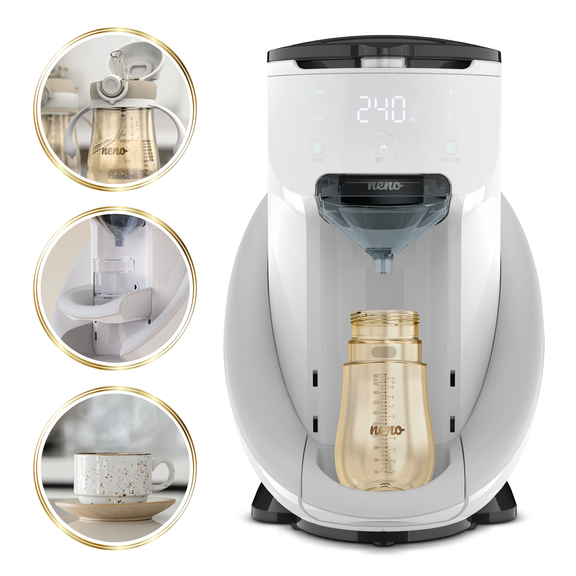 Biały podgrzewacz do butelek dla niemowląt z butelką w środku. Są trzy okrągłe obrazy.